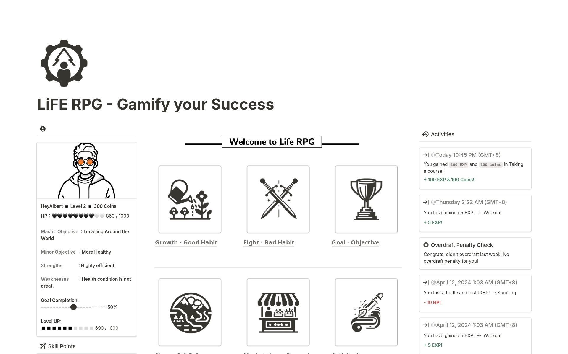 Life RPG - A Notion Template for Gamified Life, is a groundbreaking game that reimagines life’s journey as an immersive role-playing game (RPG). Focusing on leveraging gamification to making self-improvement and the achievement of life goals not just achievable but fun.