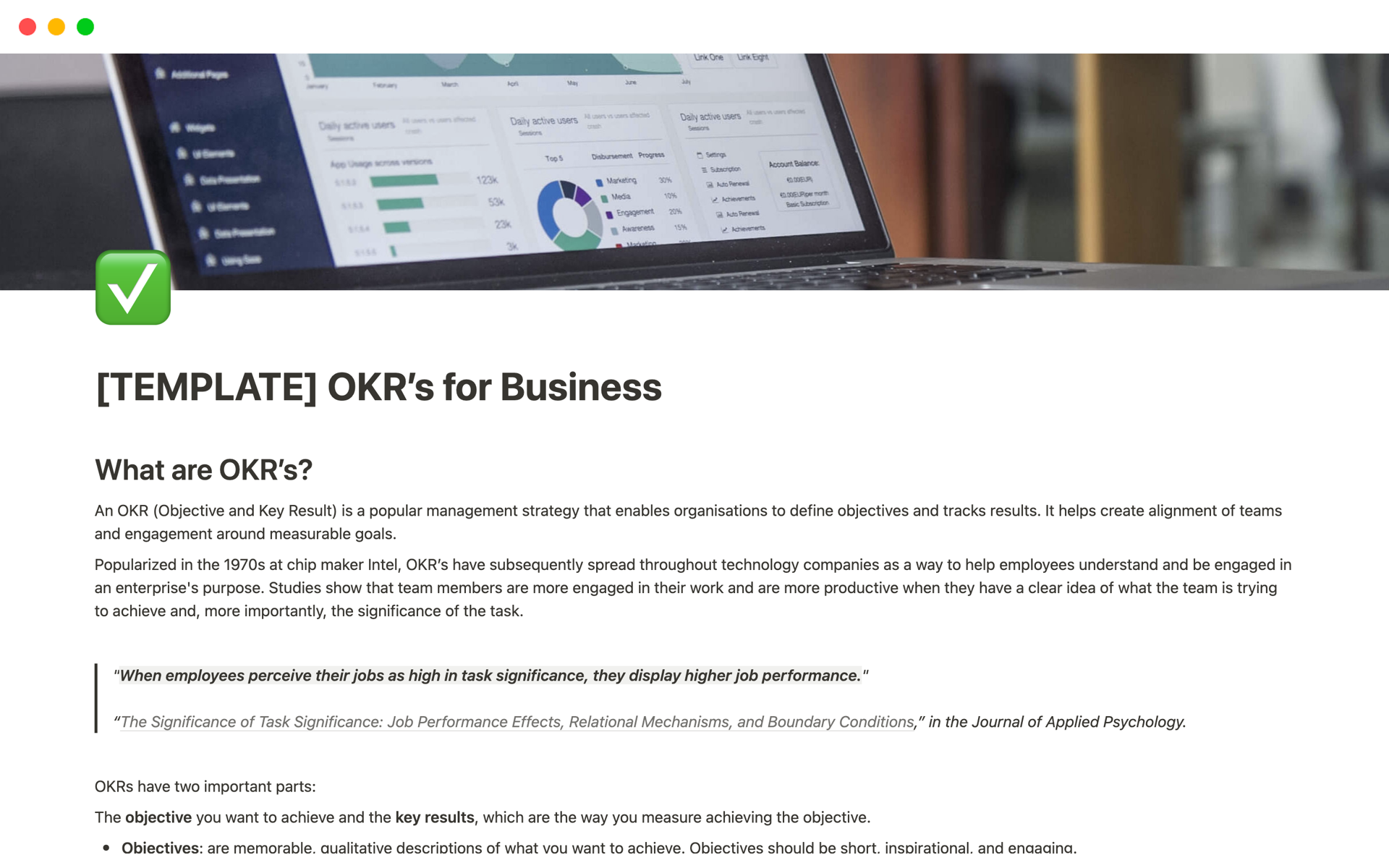 Vista previa de una plantilla para OKR’s for Business