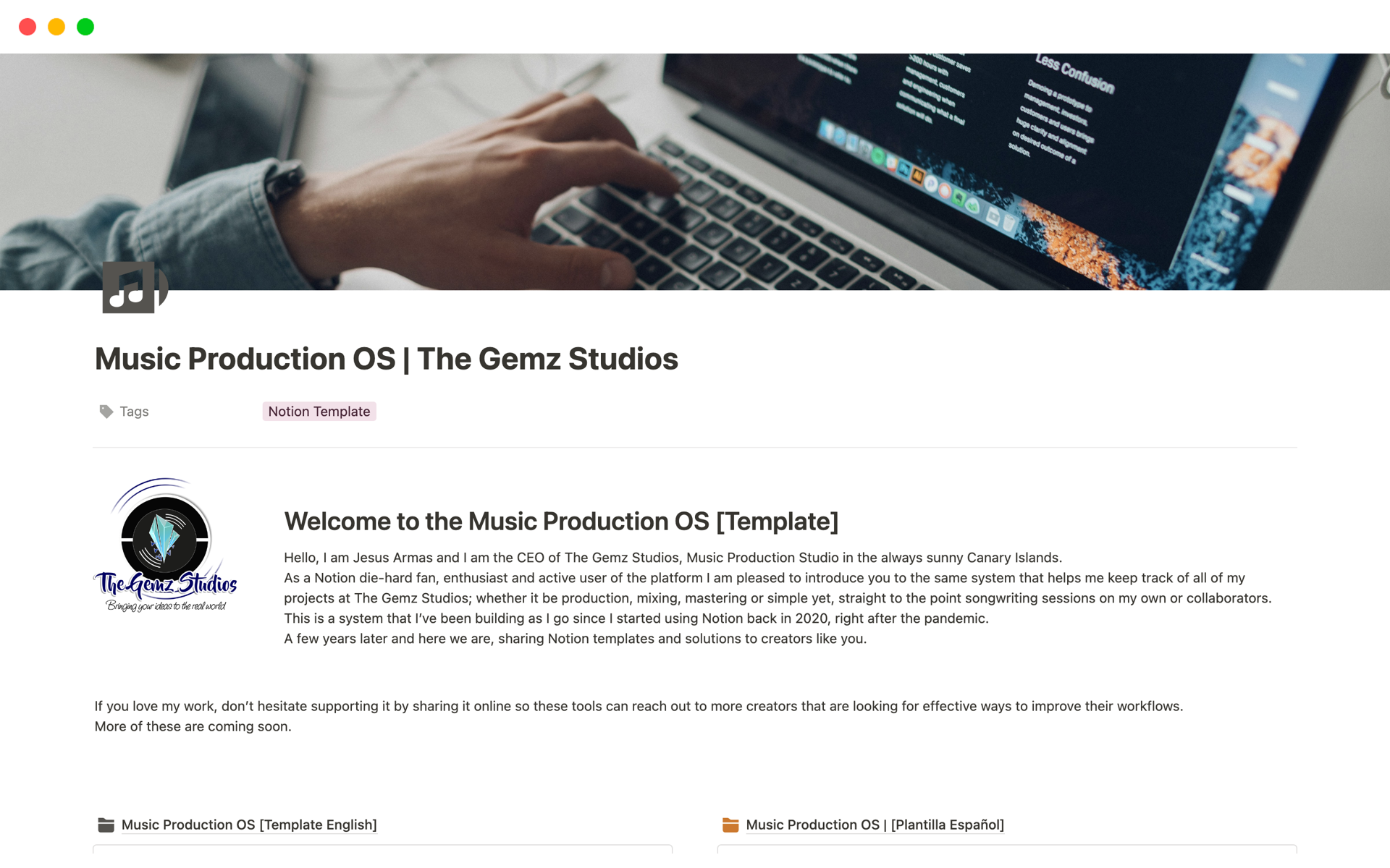En forhåndsvisning av mal for Music Production OS | The Gemz Studios