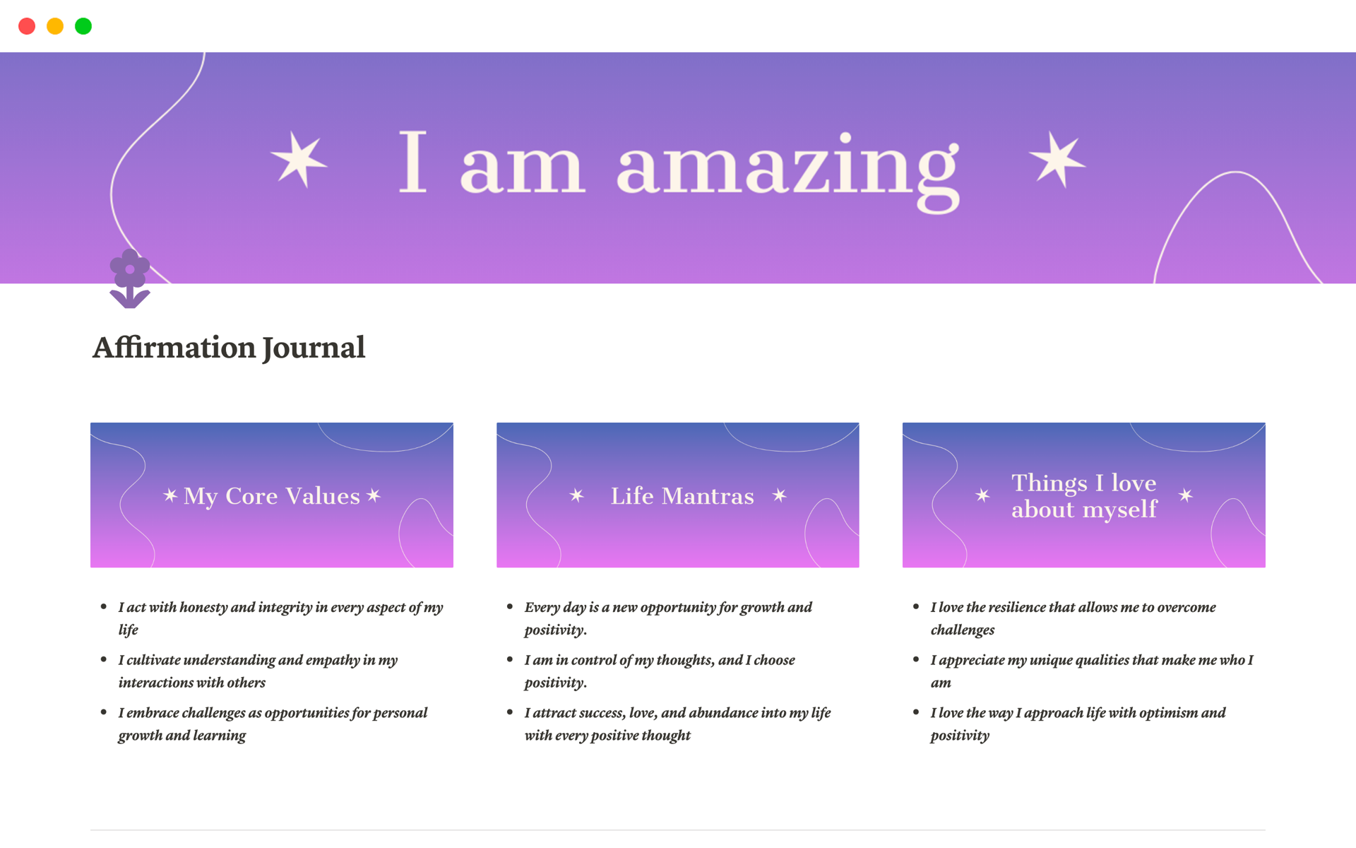 Ignite daily positivity and self-discovery with our Affirmation Journal Notion Template — a beautifully designed digital sanctuary crafted to elevate your mindset, manifest goals, and inspire personal growth