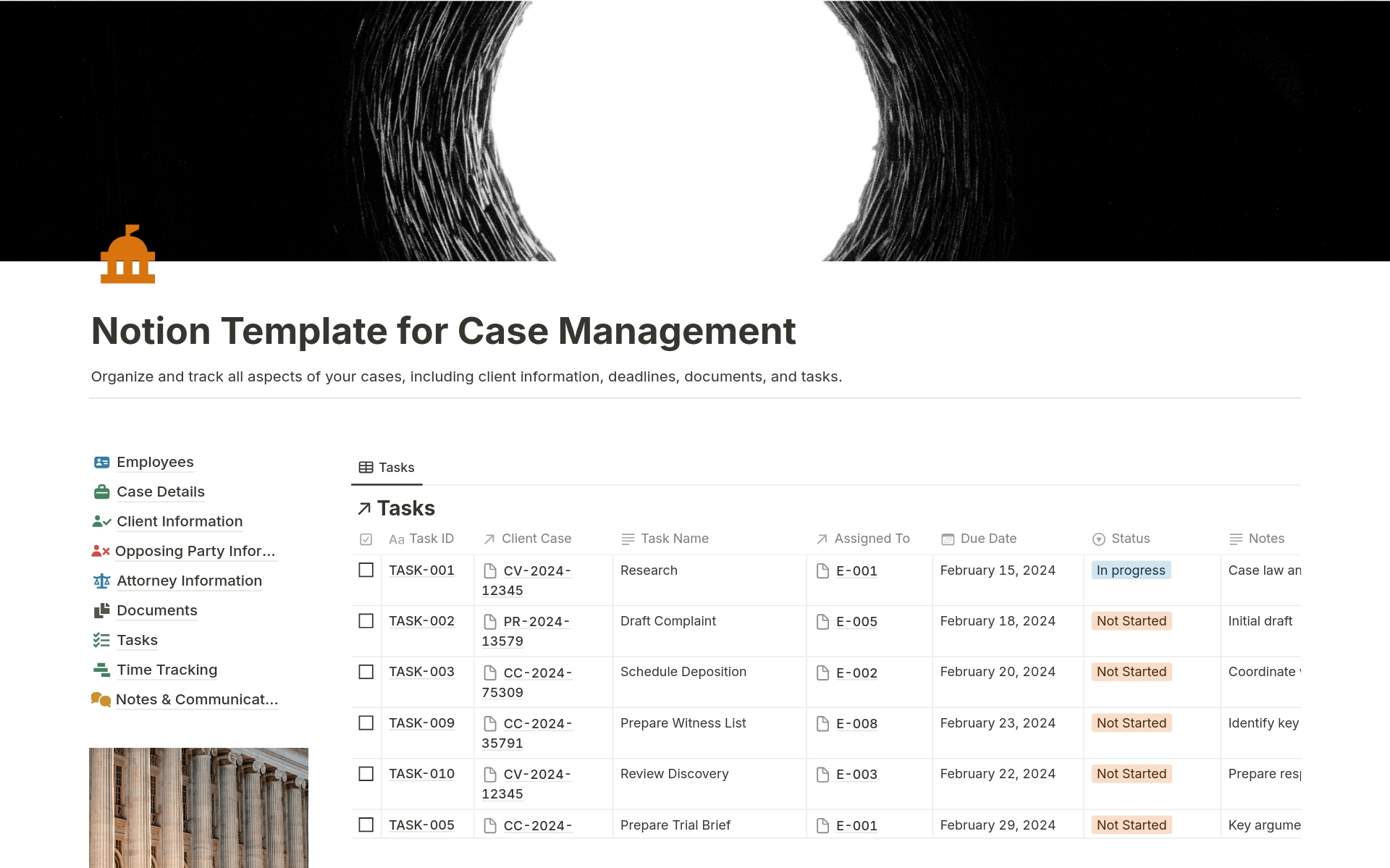 Streamline your legal workflows with our customizable Notion Template for Case Management. Effortlessly organize case details, track tasks, and manage documents in one centralized platform. Simplify collaboration and enhance productivity for your legal team today.