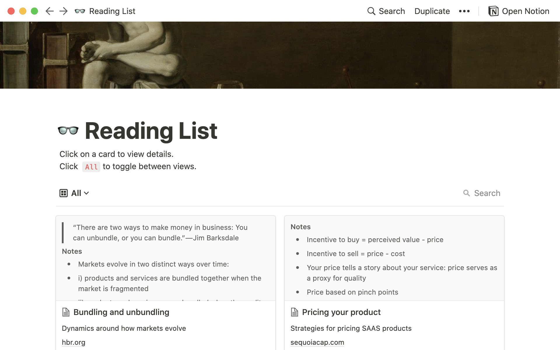 A template preview for Reading list for teams