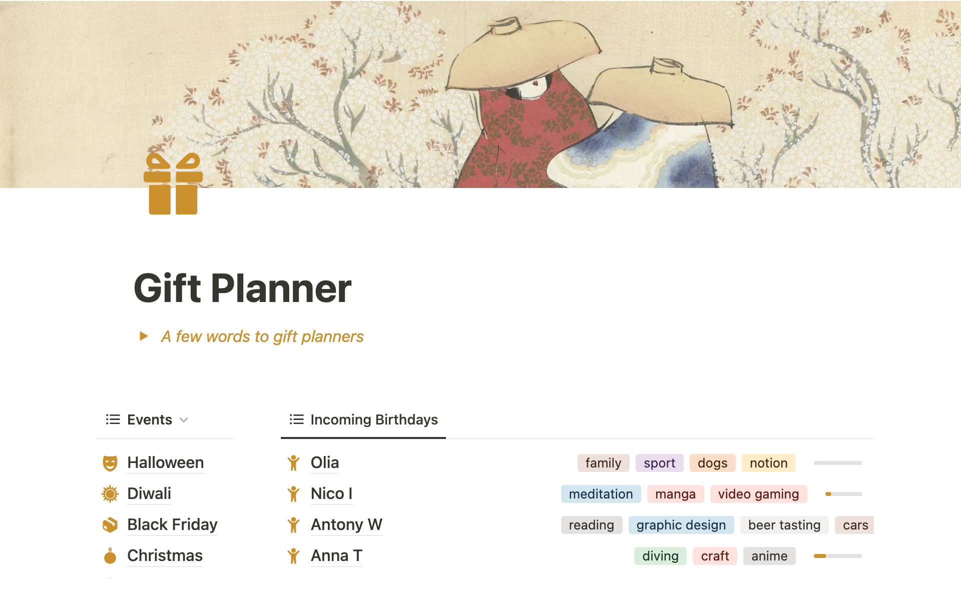 A template preview for Gift Planner