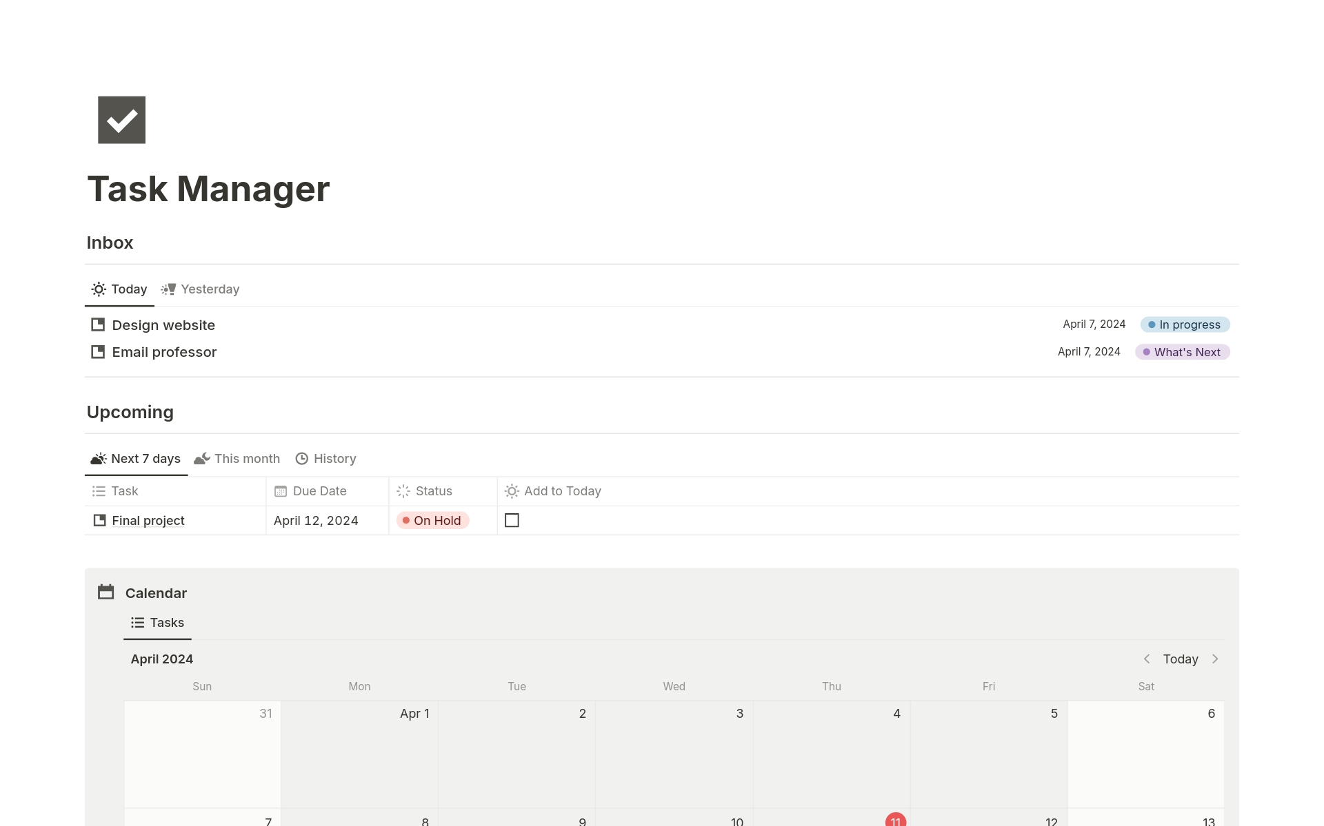 Task Manager Overview:

This Notion Task Manager template is a powerful productivity tool designed for efficient task management.