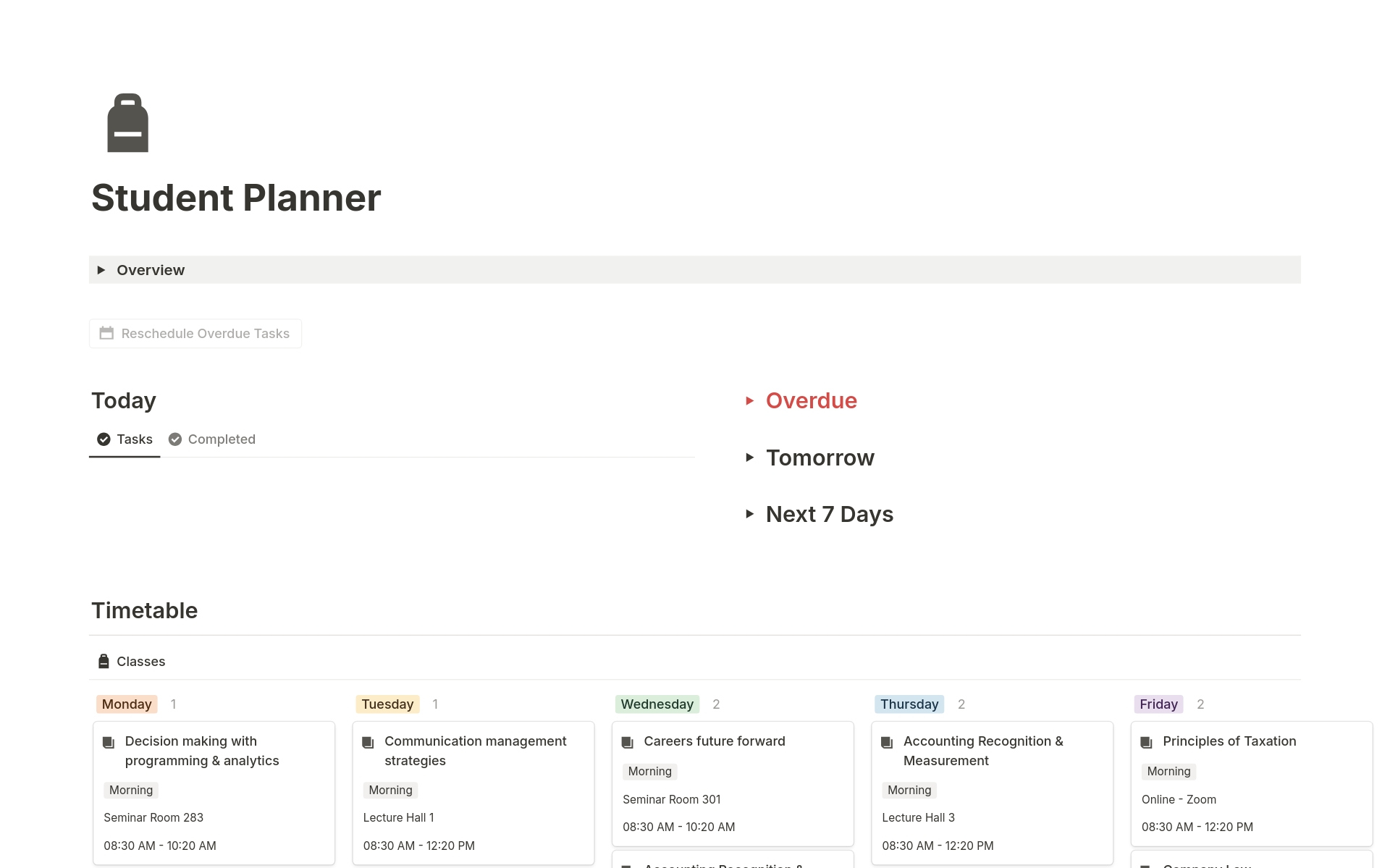 The Student Planner is a comprehensive Notion template that empowers students to effectively manage tasks, timetable, and academic deadlines, boosting productivity and facilitating success.