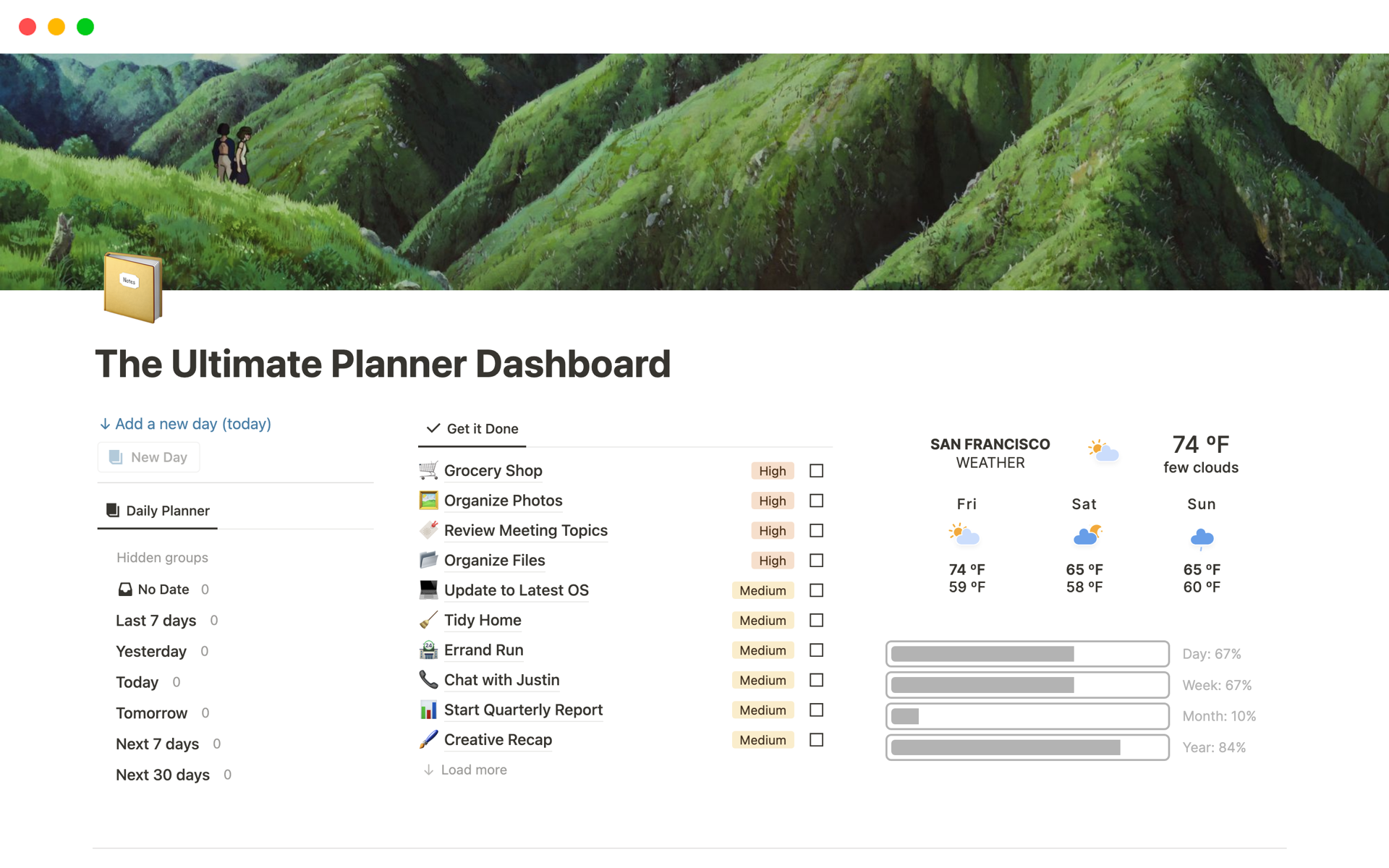 Eine Vorlagenvorschau für The Ultimate Planner Dashboard by Gridfiti