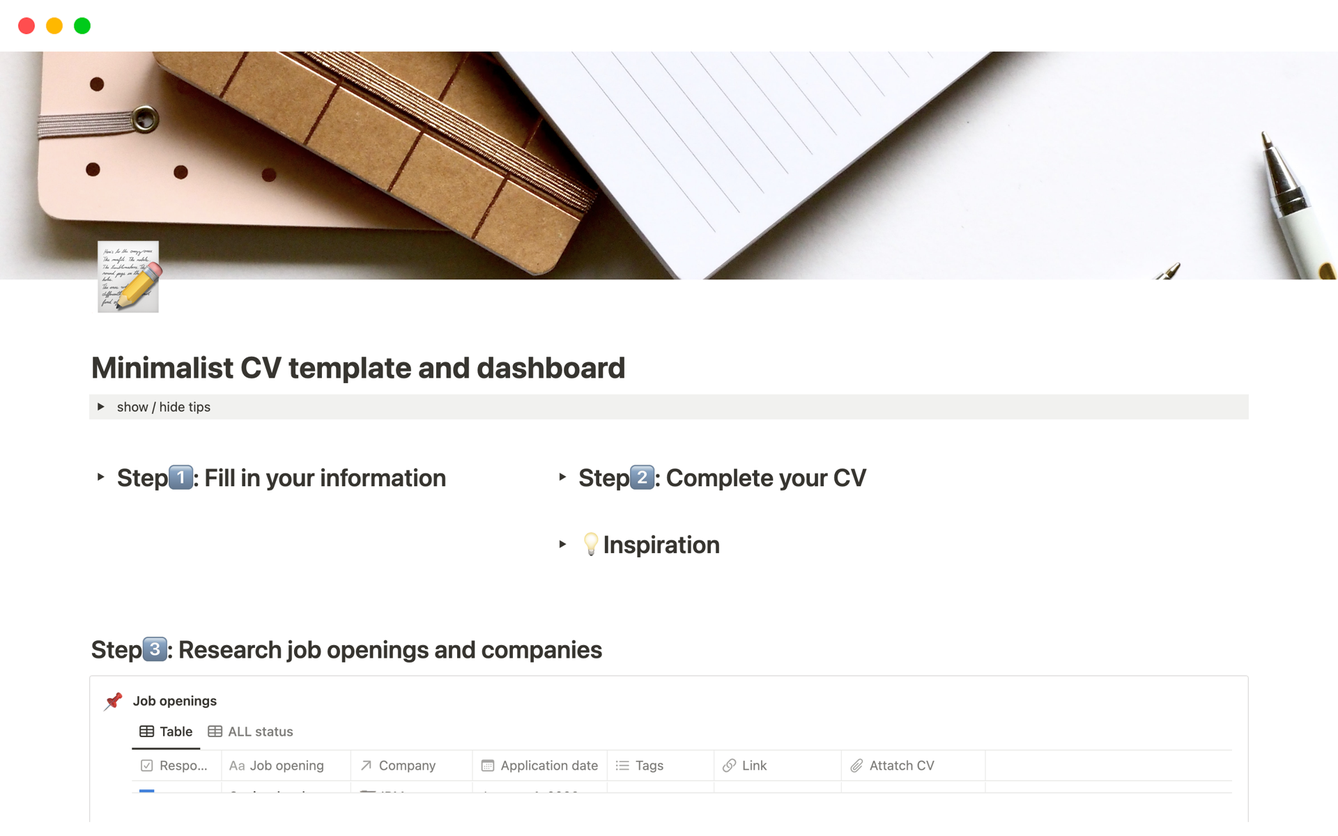 Vista previa de plantilla para Minimalist CV template and dashboard