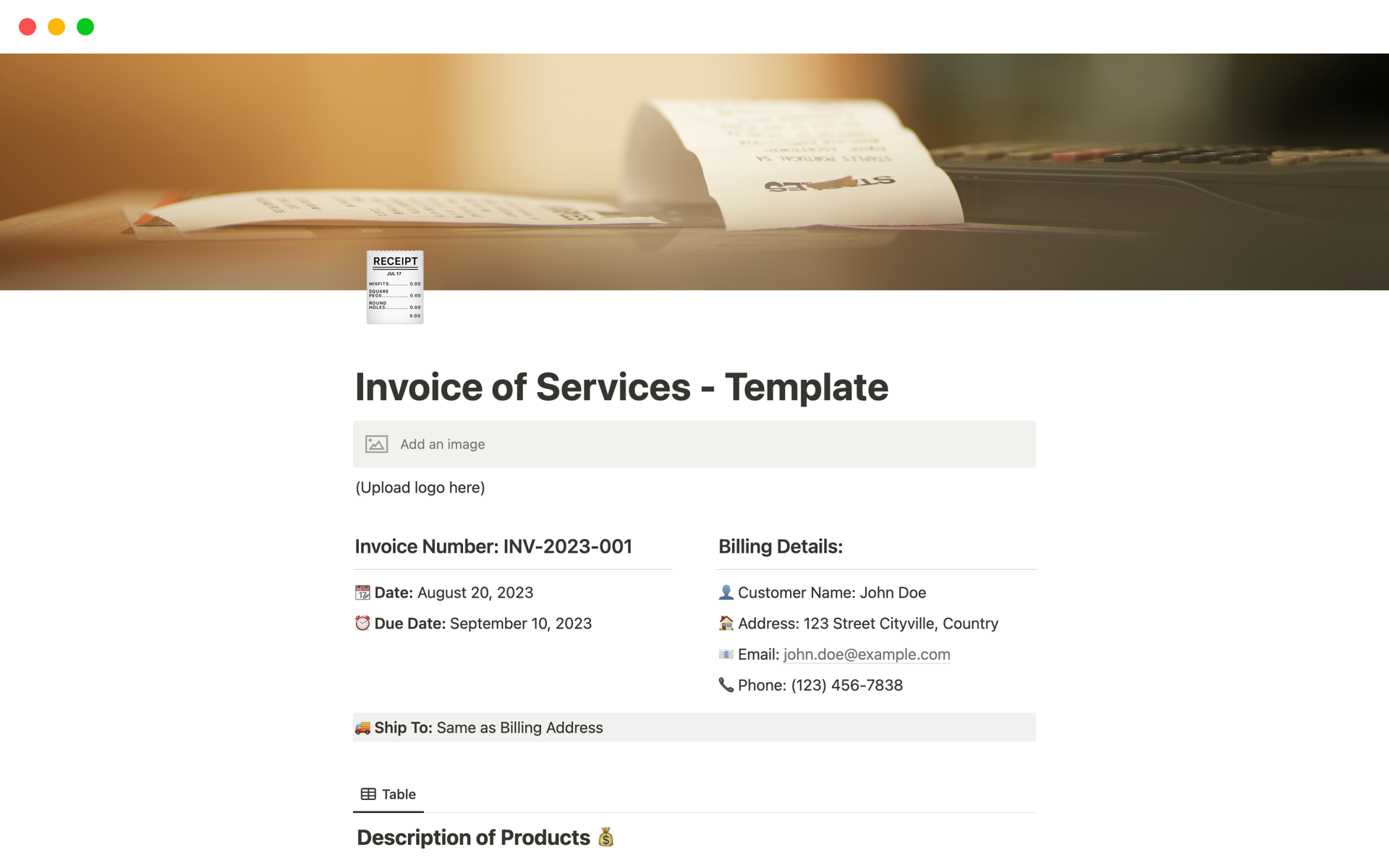 Eine Vorlagenvorschau für Invoice of Services