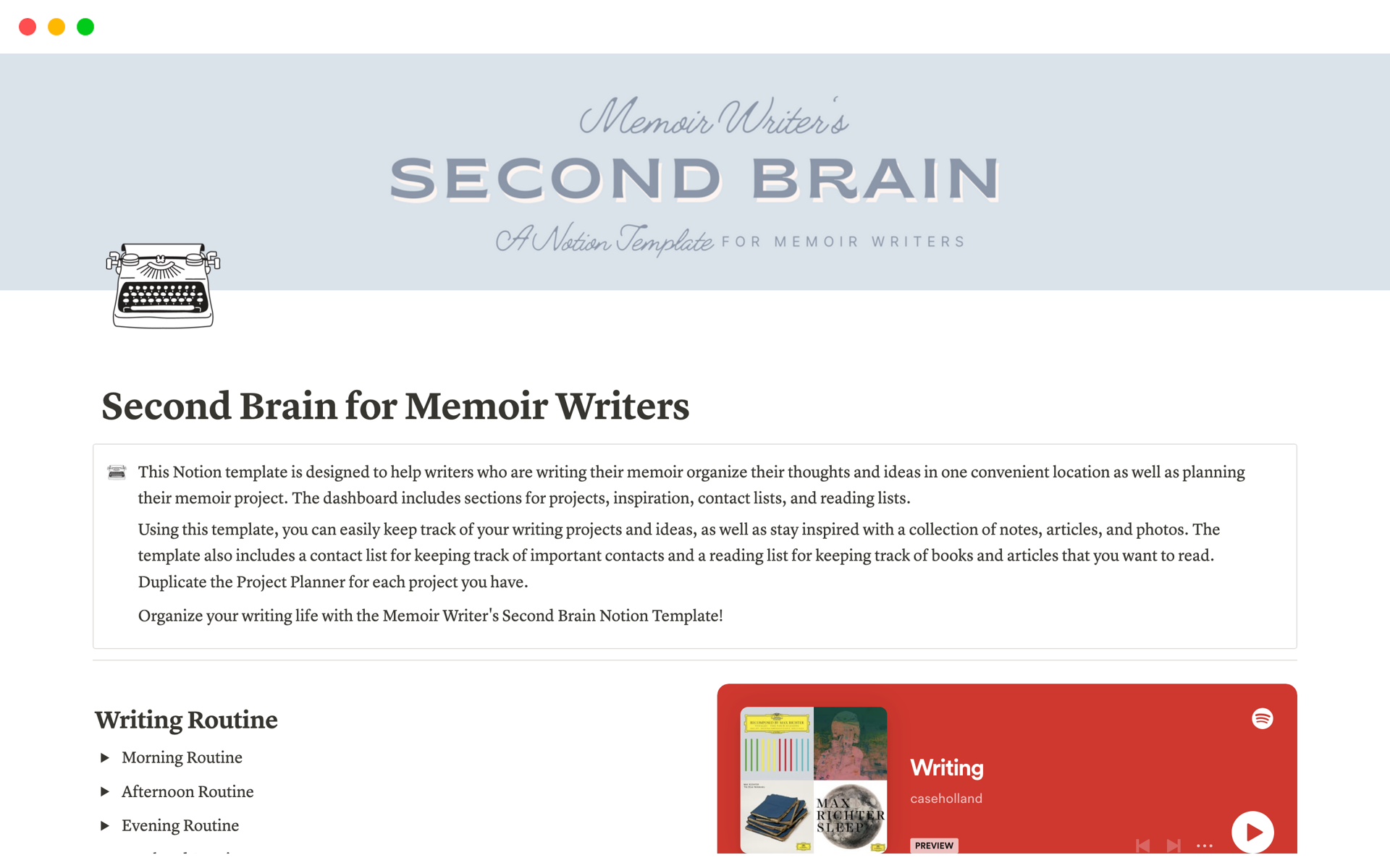  Second Brain for Memoir Writersのテンプレートのプレビュー