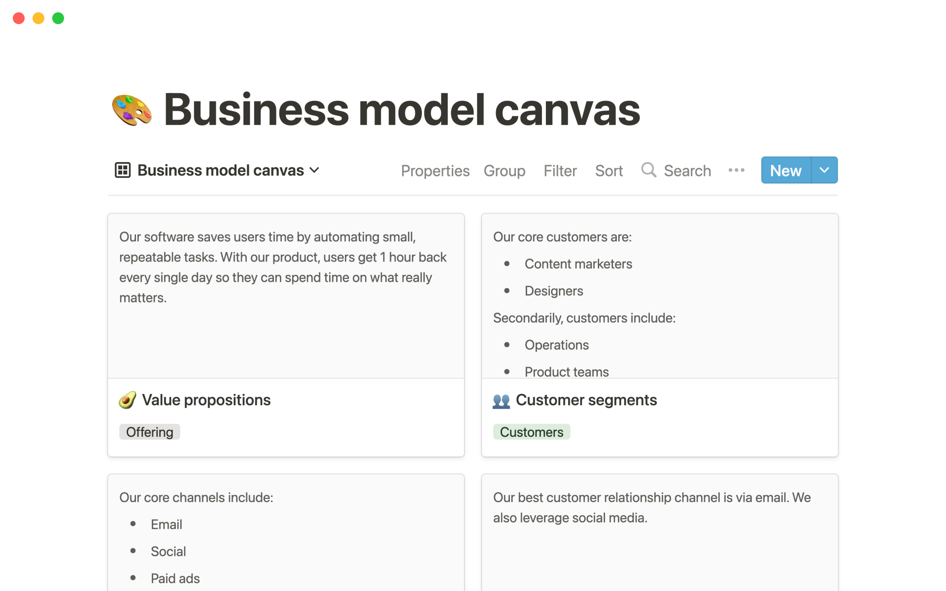 Vista previa de una plantilla para Business model canvas