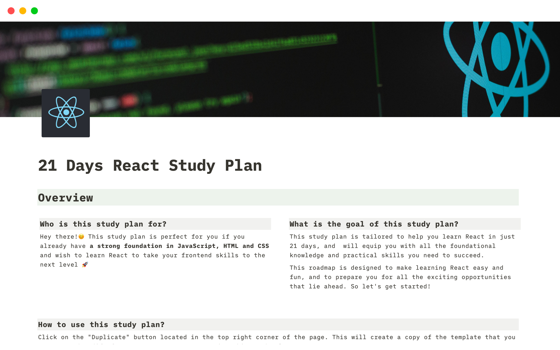 A template preview for 21 Days React Study Plan