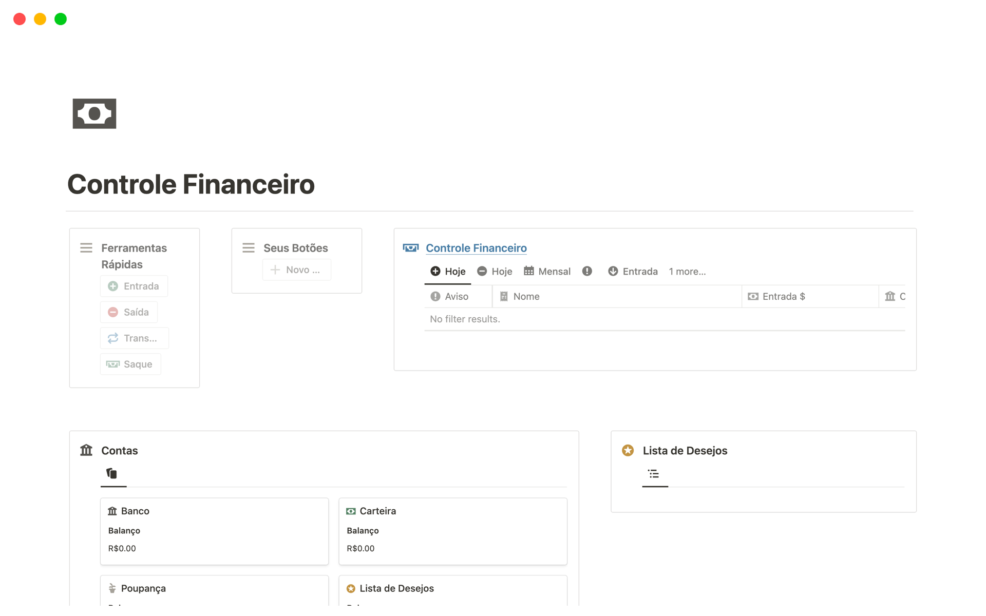 Uma prévia do modelo para Template Controle Financeiro