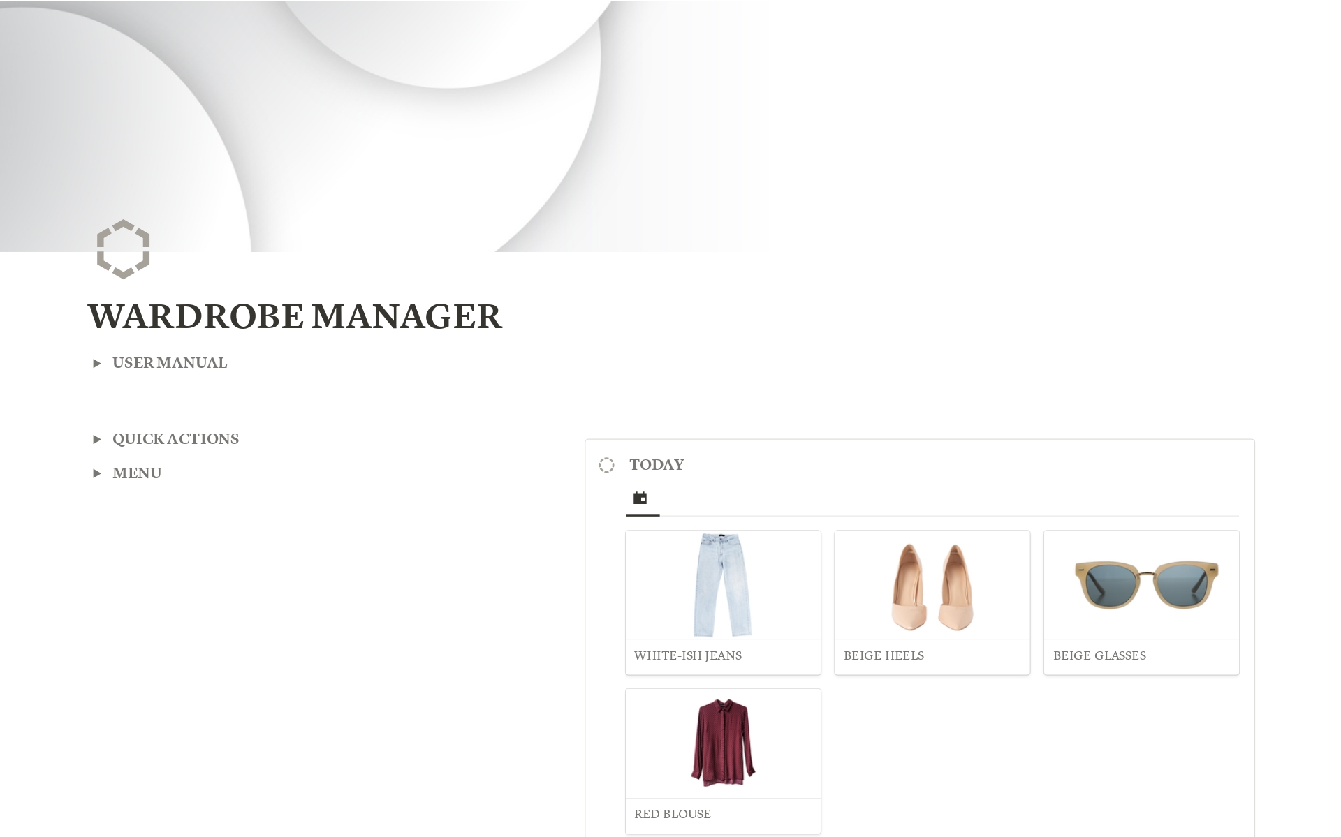 The Notion Wardrobe Manager is a digital assistant for organizing, planning, and reflecting on your wardrobe.