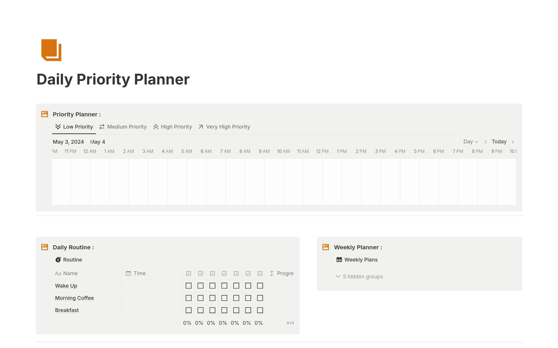 Daily Priority Plannerのテンプレートのプレビュー