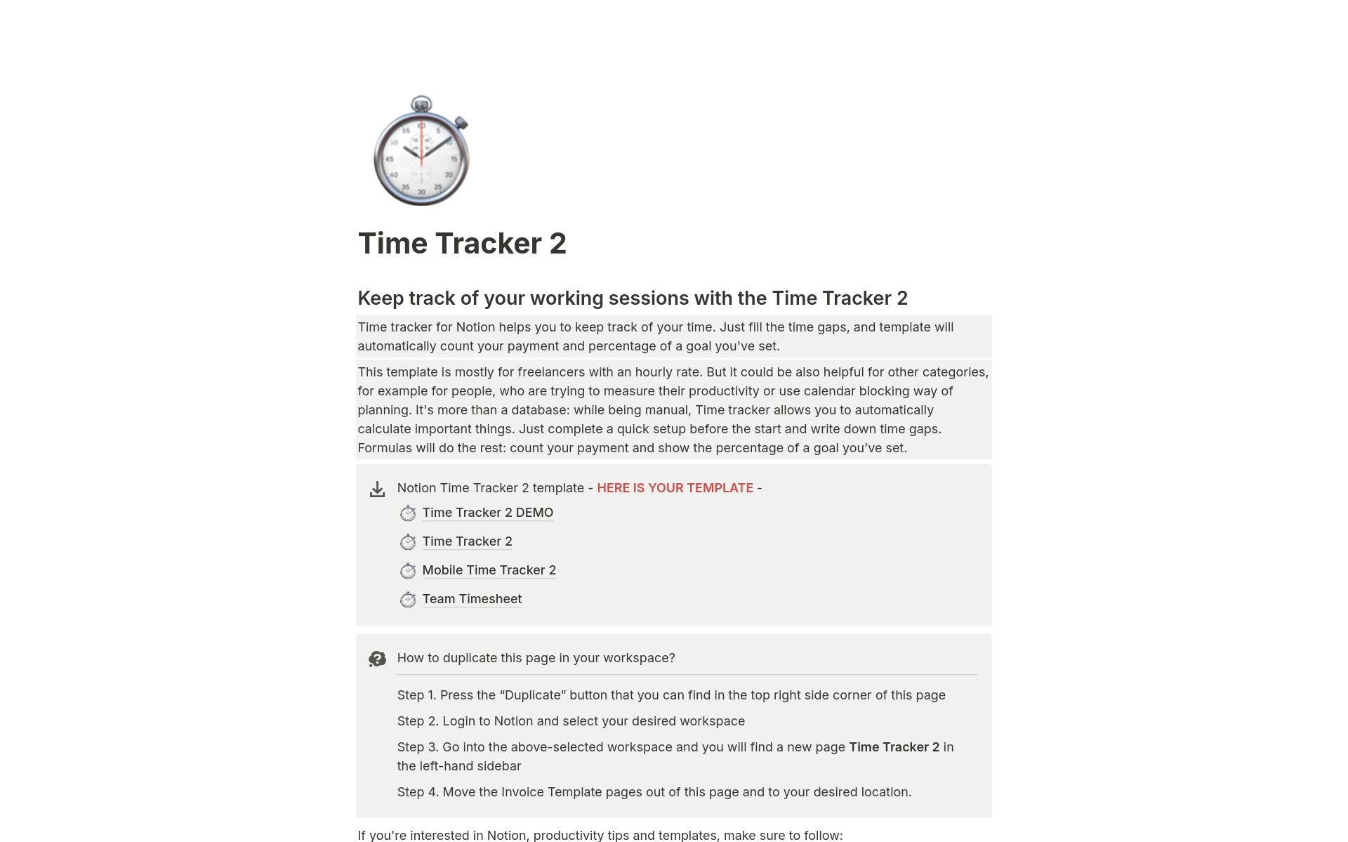 A template preview for Time Tracker 2