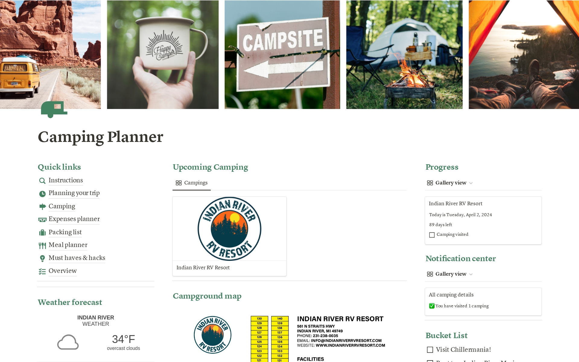 Camping Planner Notion Template: Organize Camping Vacations, Camper Journal, plan Itineraries & Travel digital with Notion Dashboard