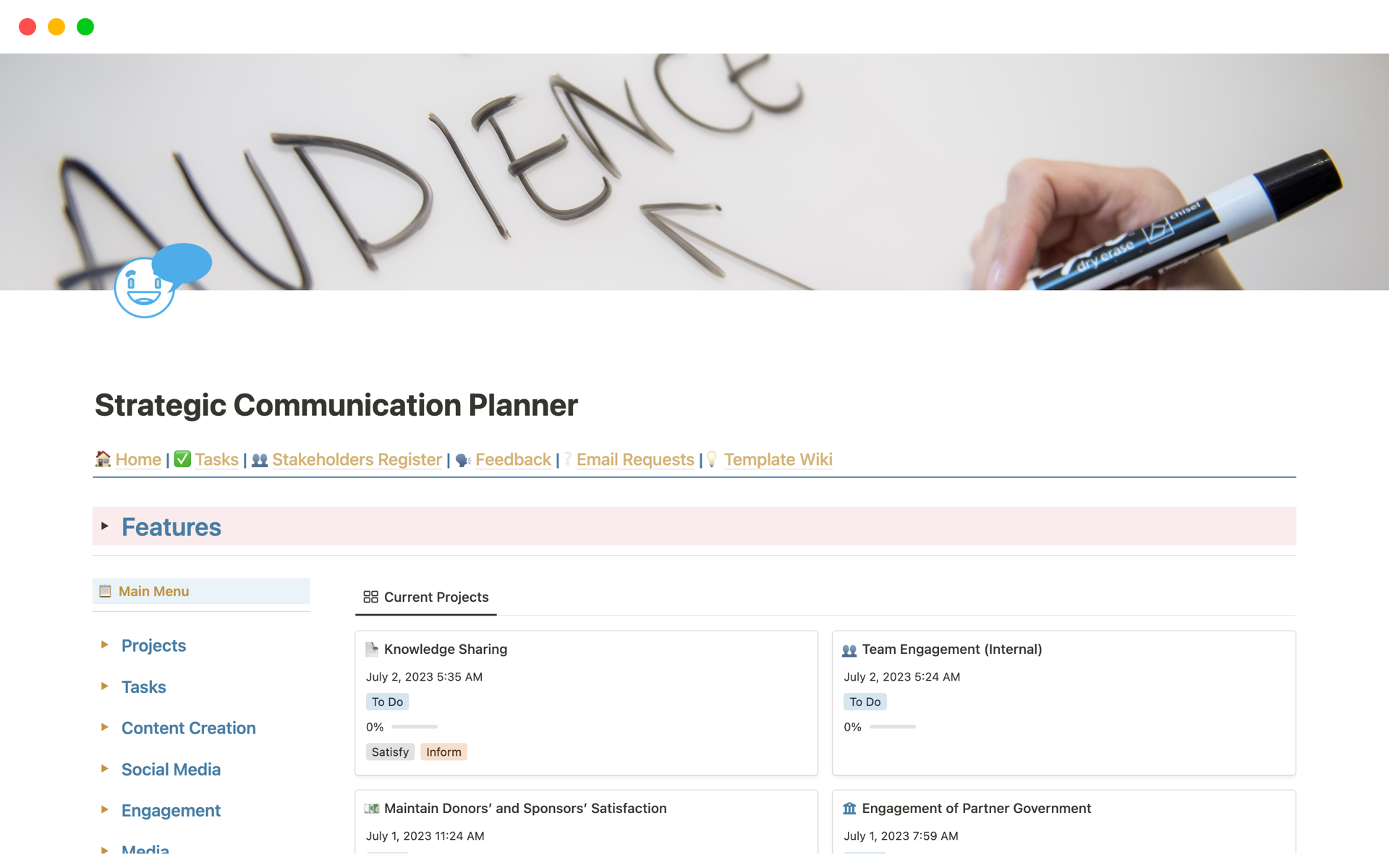 A template preview for Strategic Communication Planner