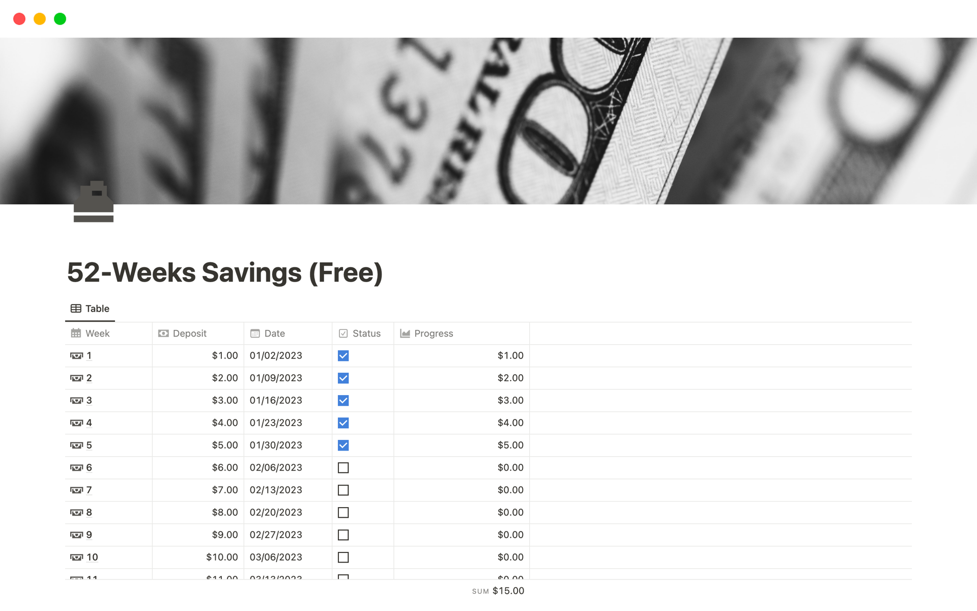 Vista previa de plantilla para 52-Weeks Savings