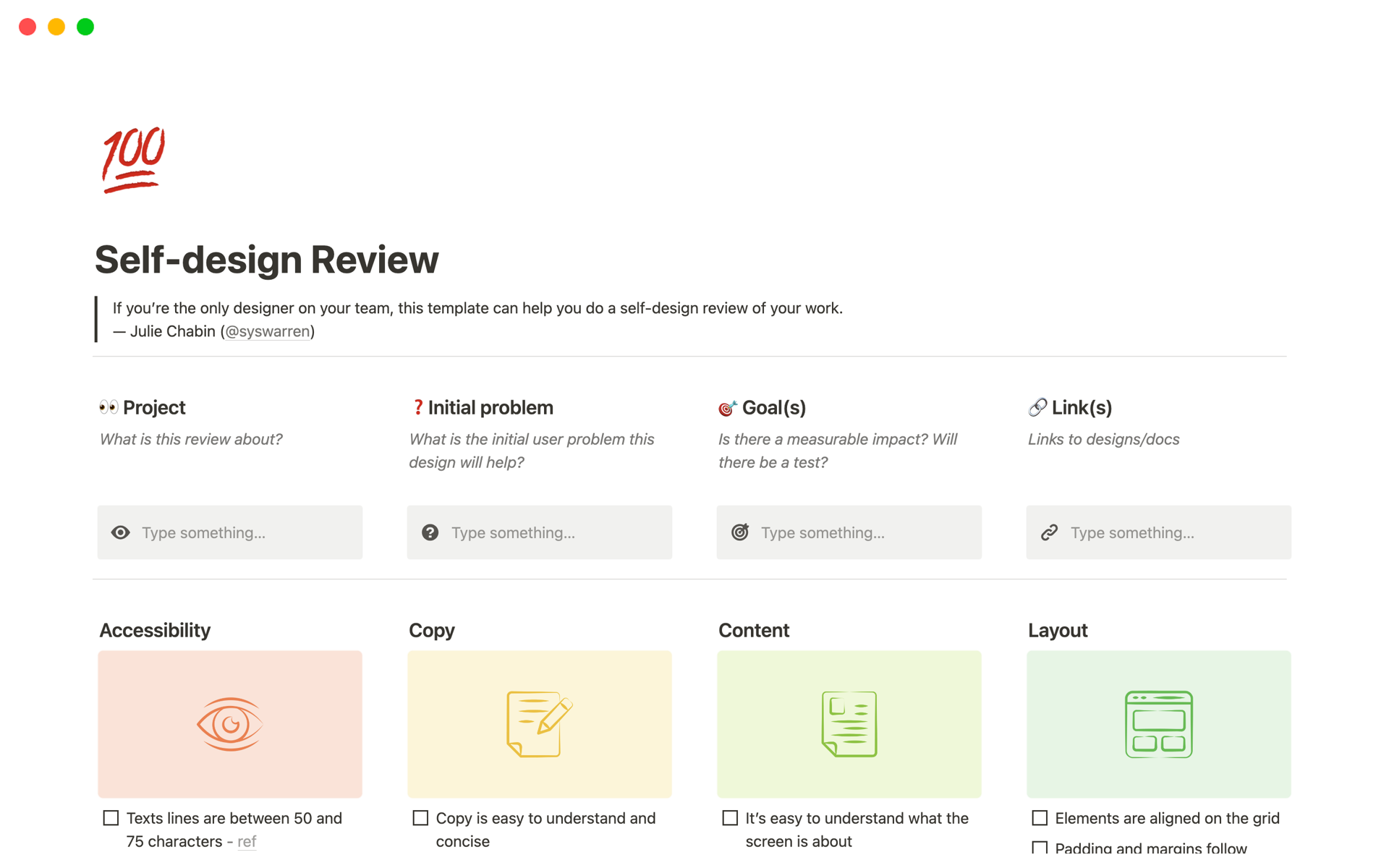This template can help you do a self-design review of your work. 