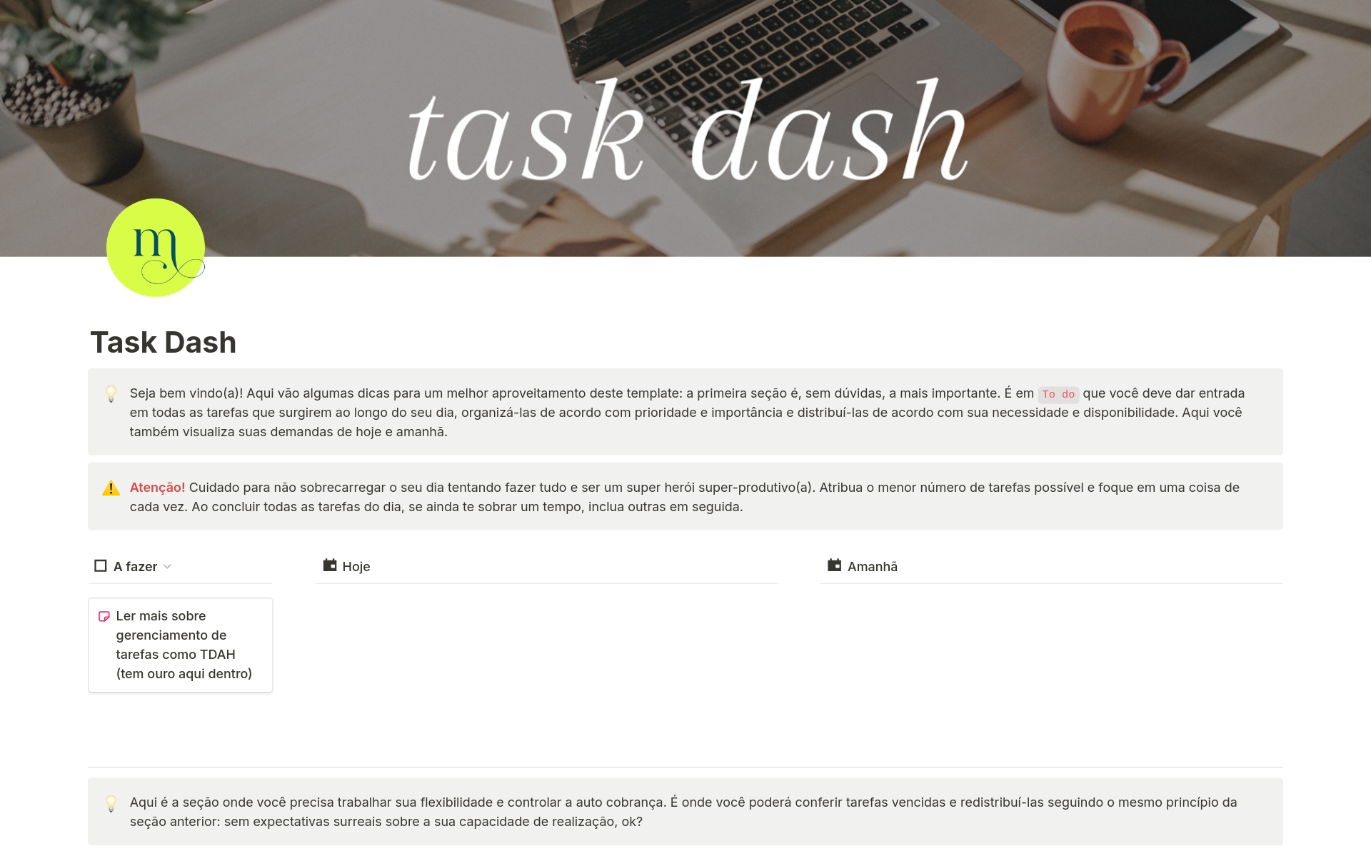 En forhåndsvisning av mal for Task Dash: Gerenciando tarefas para TDAHs