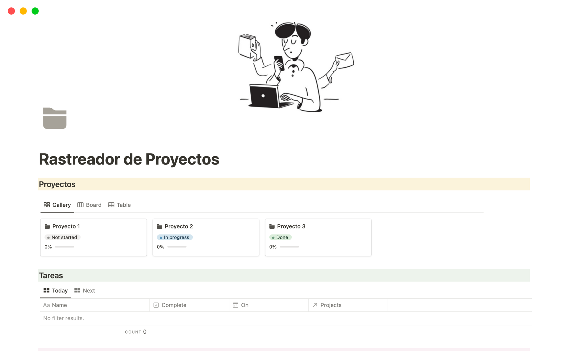 En förhandsgranskning av mallen för Rastreador de Proyectos