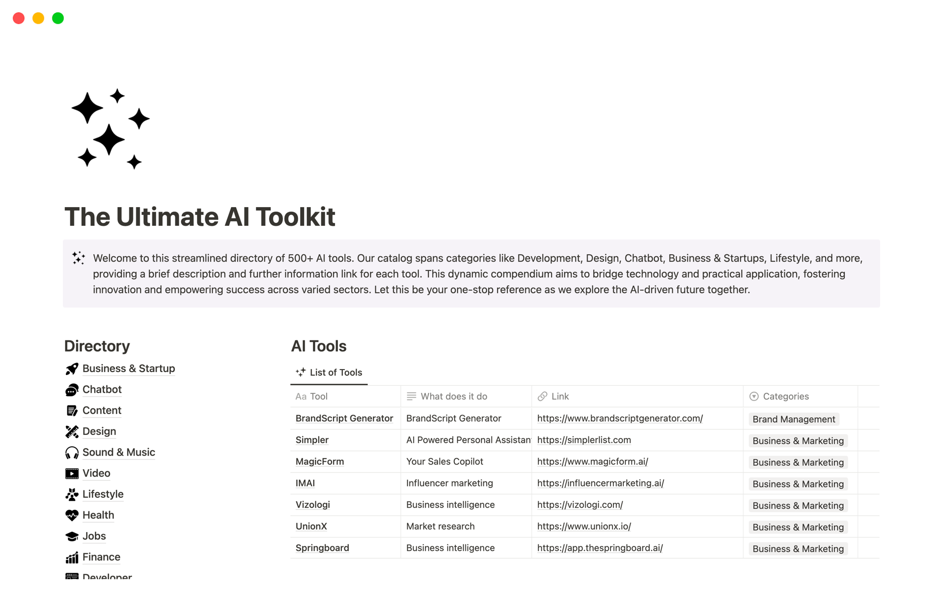 A template preview for The Ultimate AI Toolkit