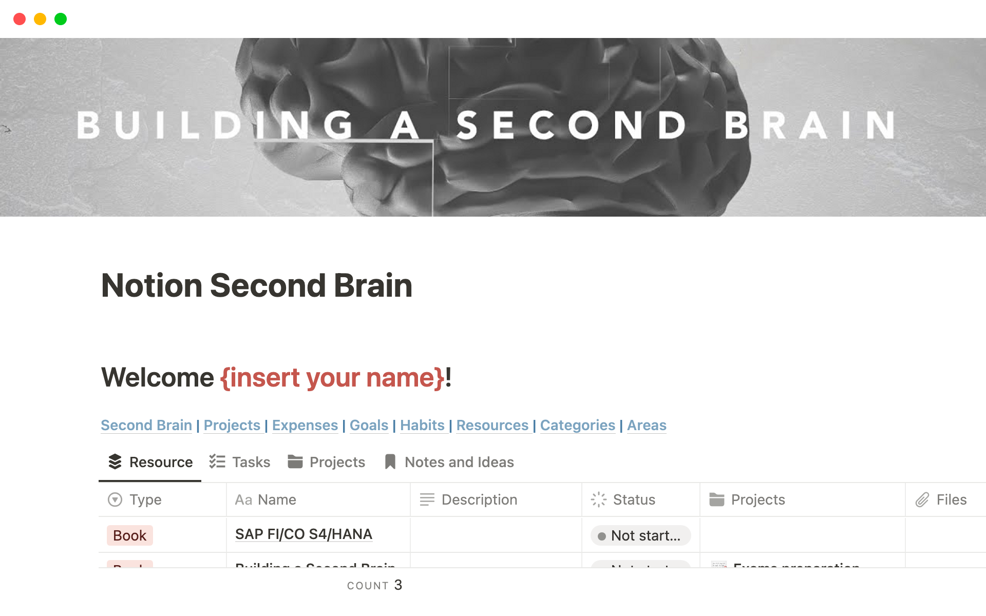 A template preview for Notion Second Brain