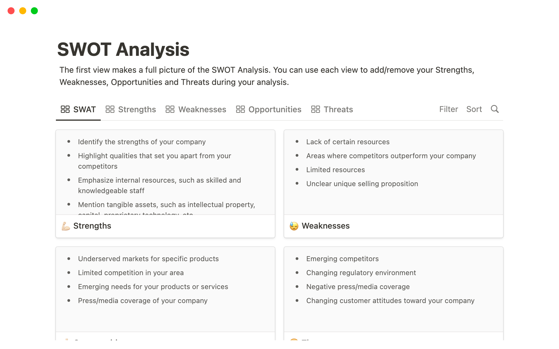 A template preview for SWOT Analysis Notion Template