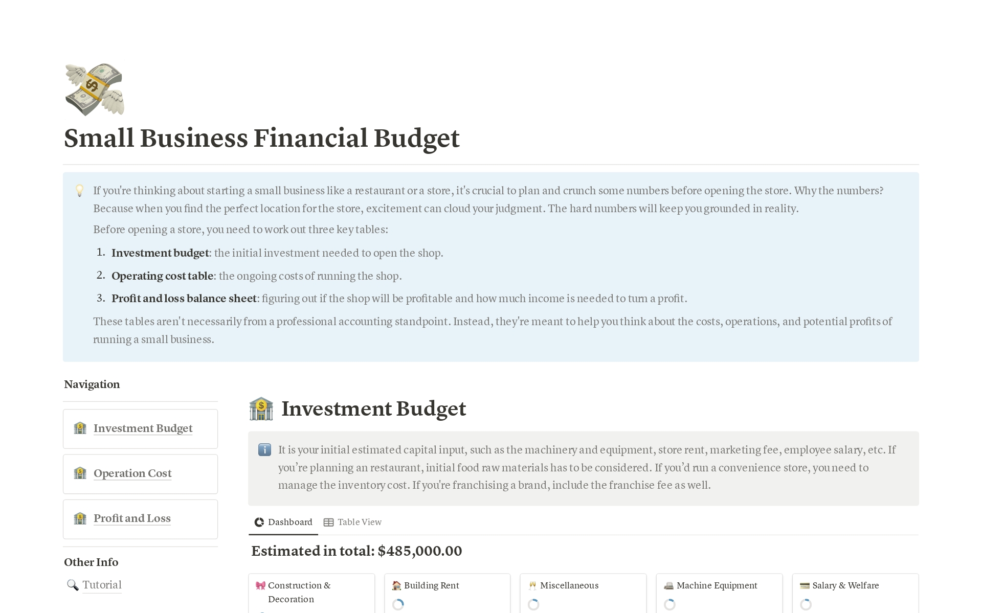 A template preview for Small Business Financial Budget