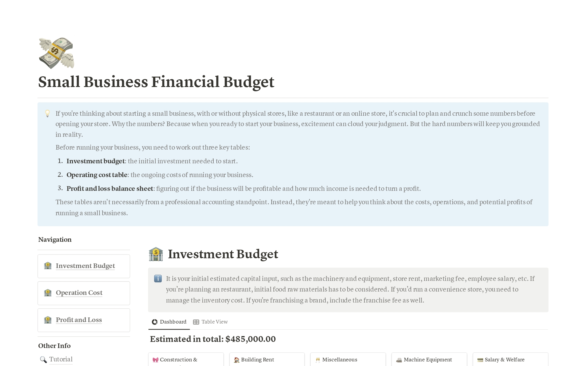 A template preview for Small Business Financial Budget