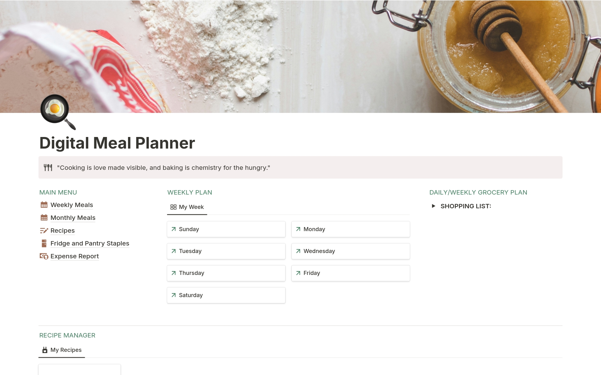This template is perfect for anyone looking to simplify meal planning and easily create delicious dishes. Streamline your meal prep process and bring a touch of organization to your kitchen with this Notion meal planner template.