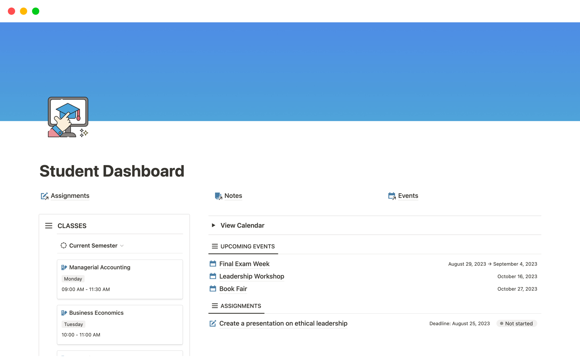 A template preview for Student Dashboard