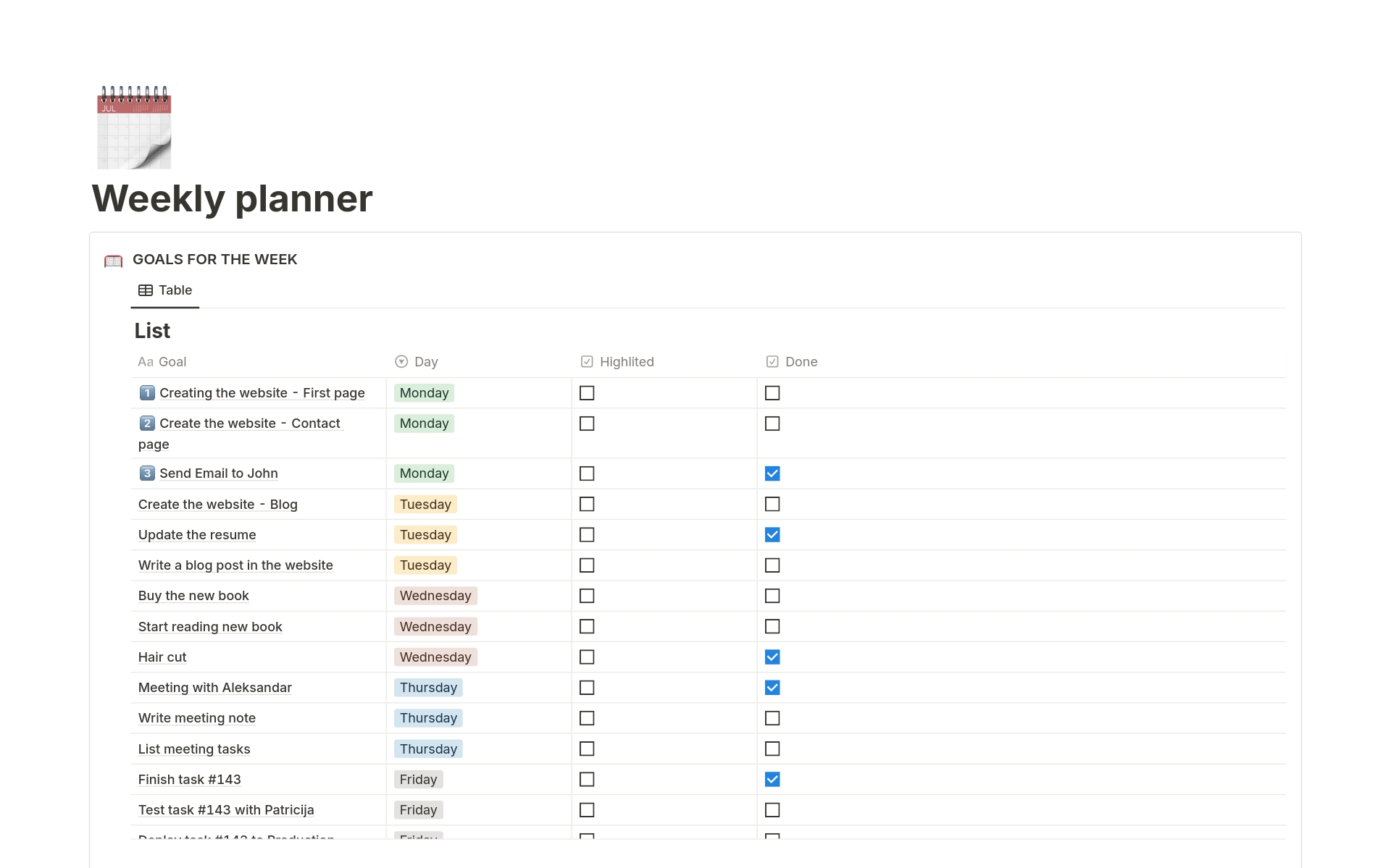 A template preview for Weekly planner