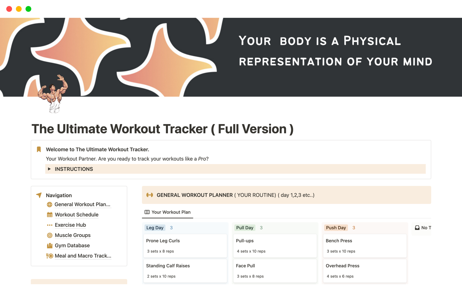 En förhandsgranskning av mallen för The Ultimate Workout Tracker