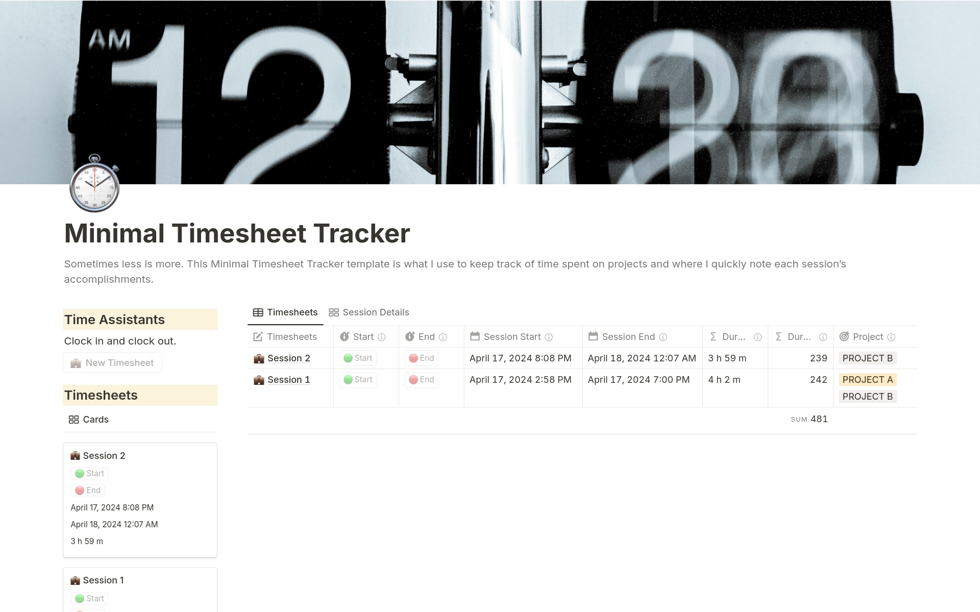 En förhandsgranskning av mallen för Minimal Timesheet Tracker