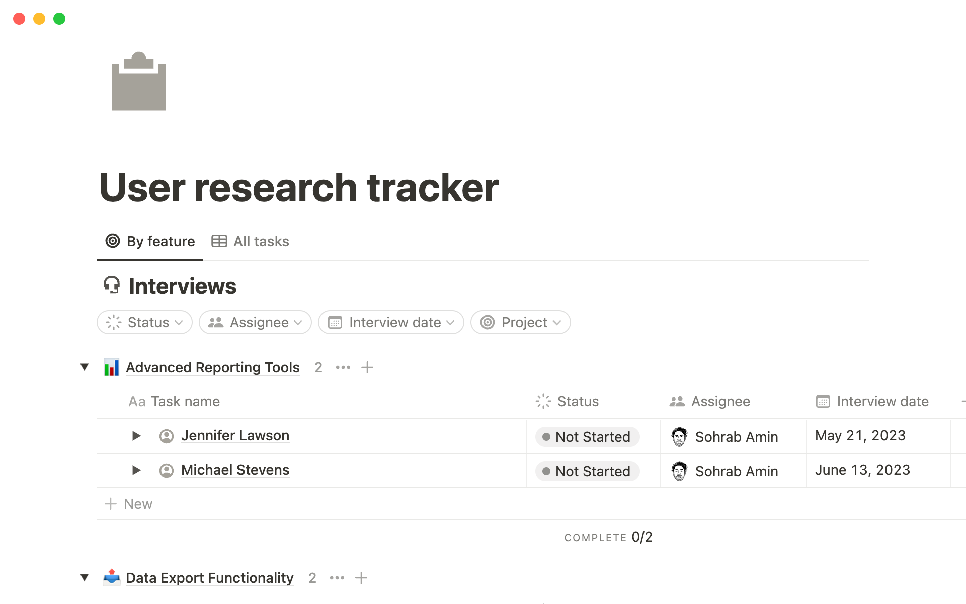 A template preview for User research tracker