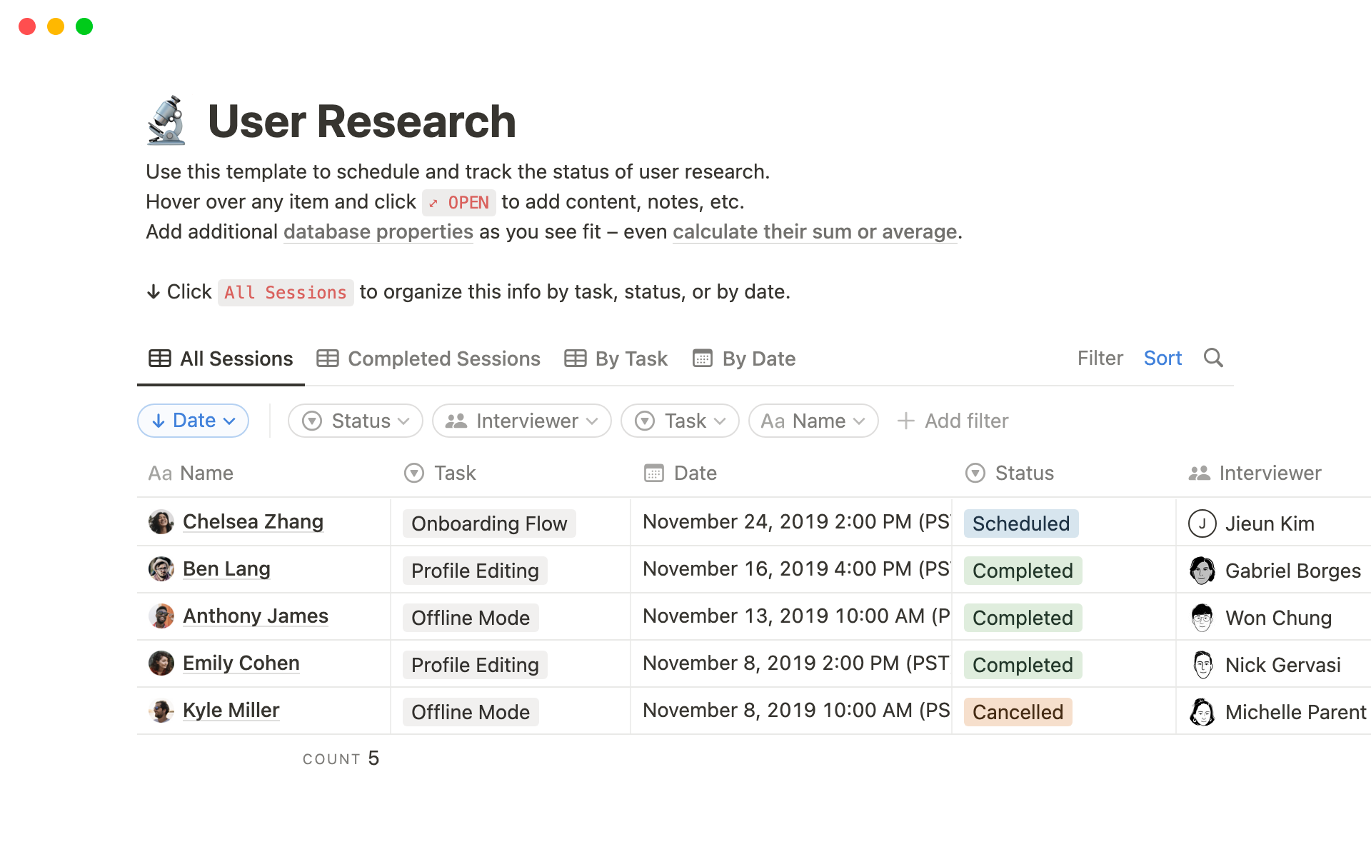 Use this template to schedule and track the status of your user research.