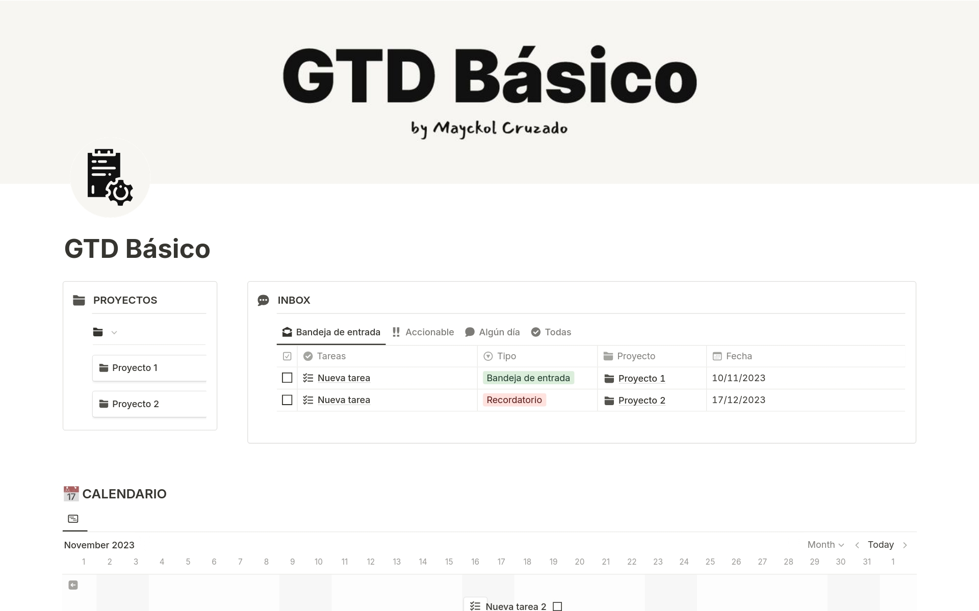 A template preview for GTD Básico