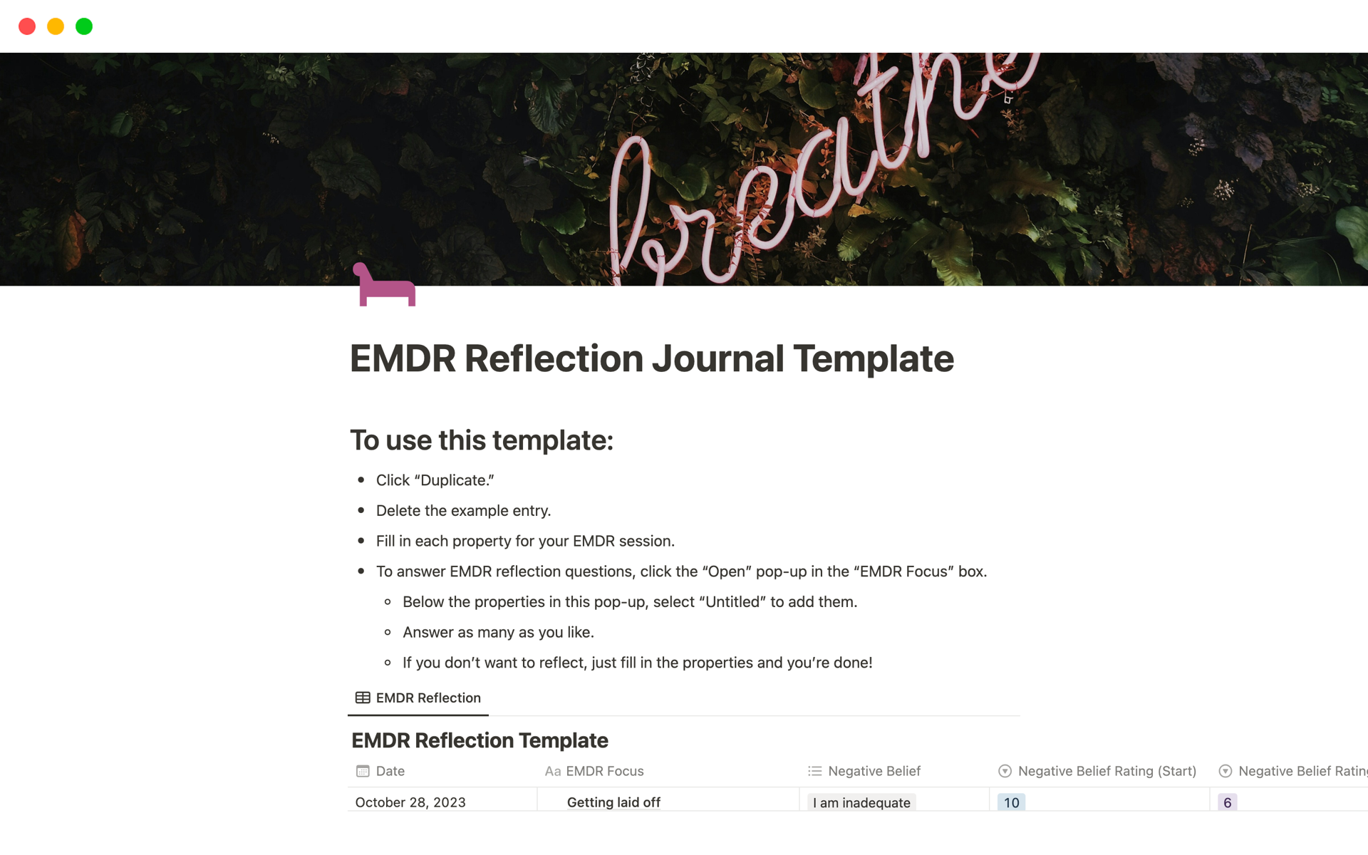 A template preview for EMDR Reflection Journal