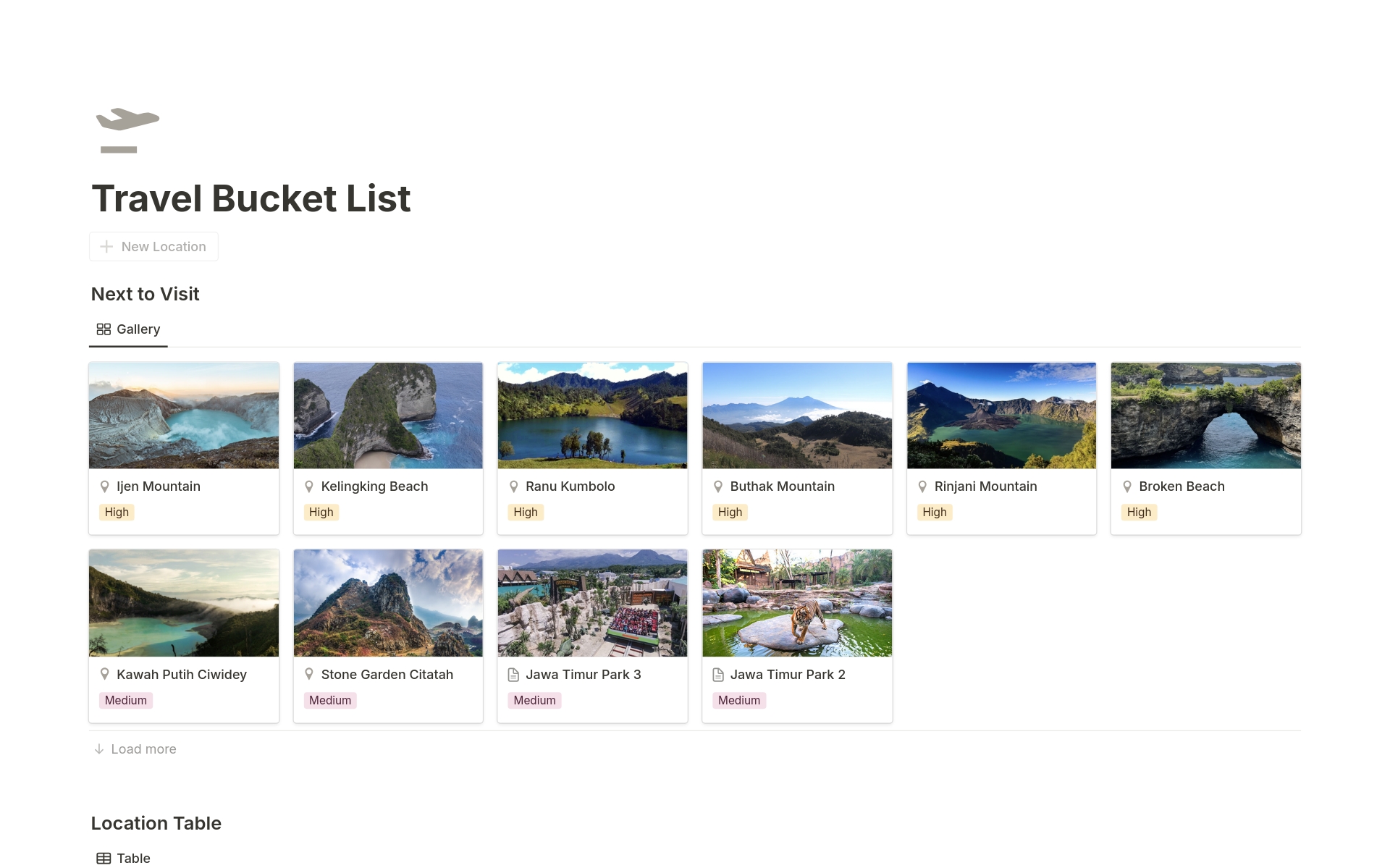 A template preview for Group Travel Bucket List