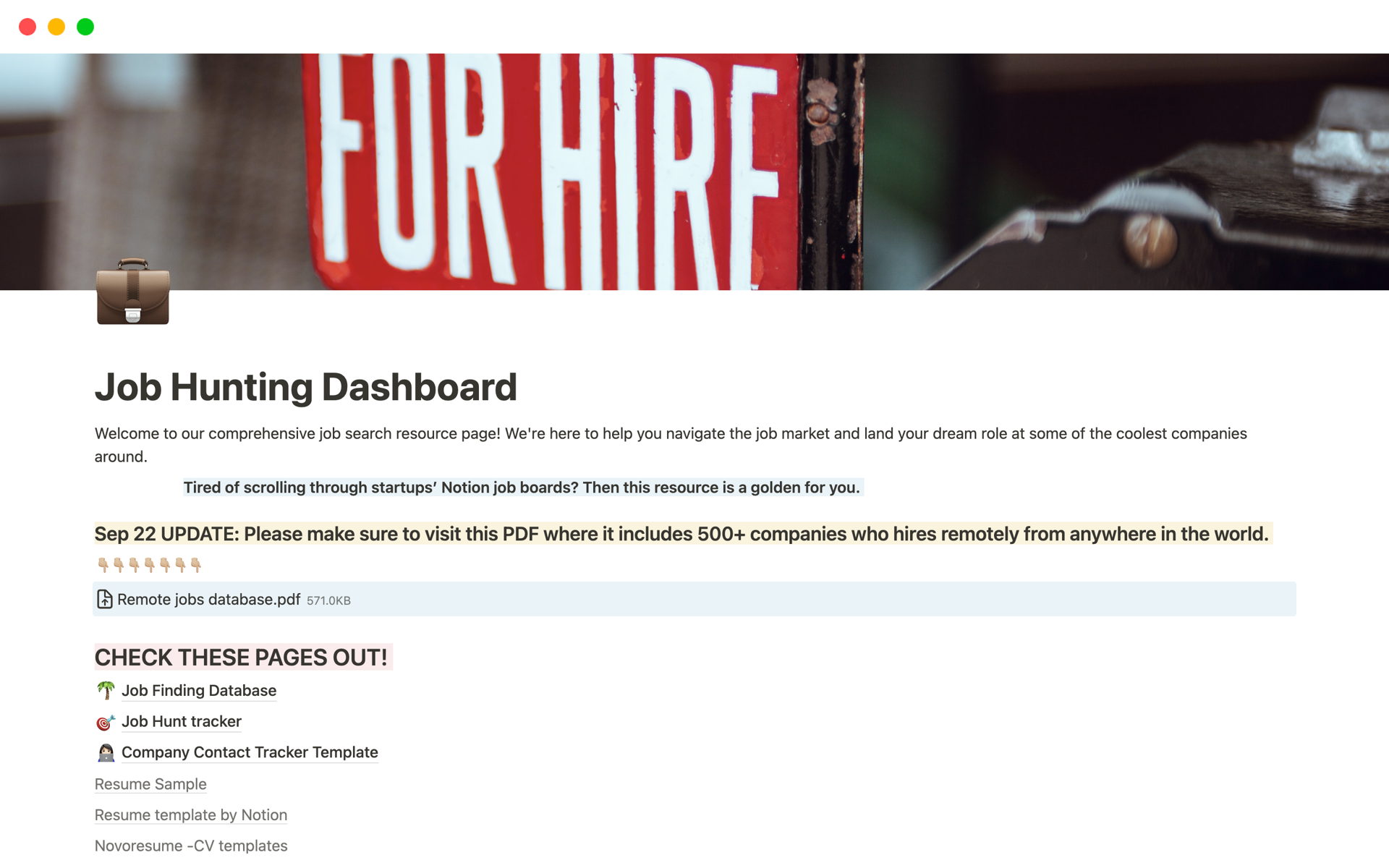A template preview for Job Hunting Dashboard
