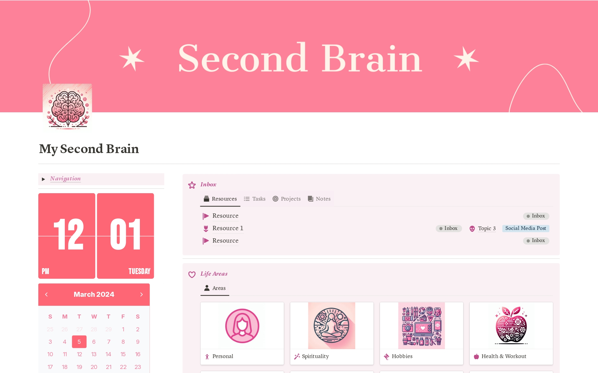 Eine Vorlagenvorschau für Aesthetic Pink Second Brain