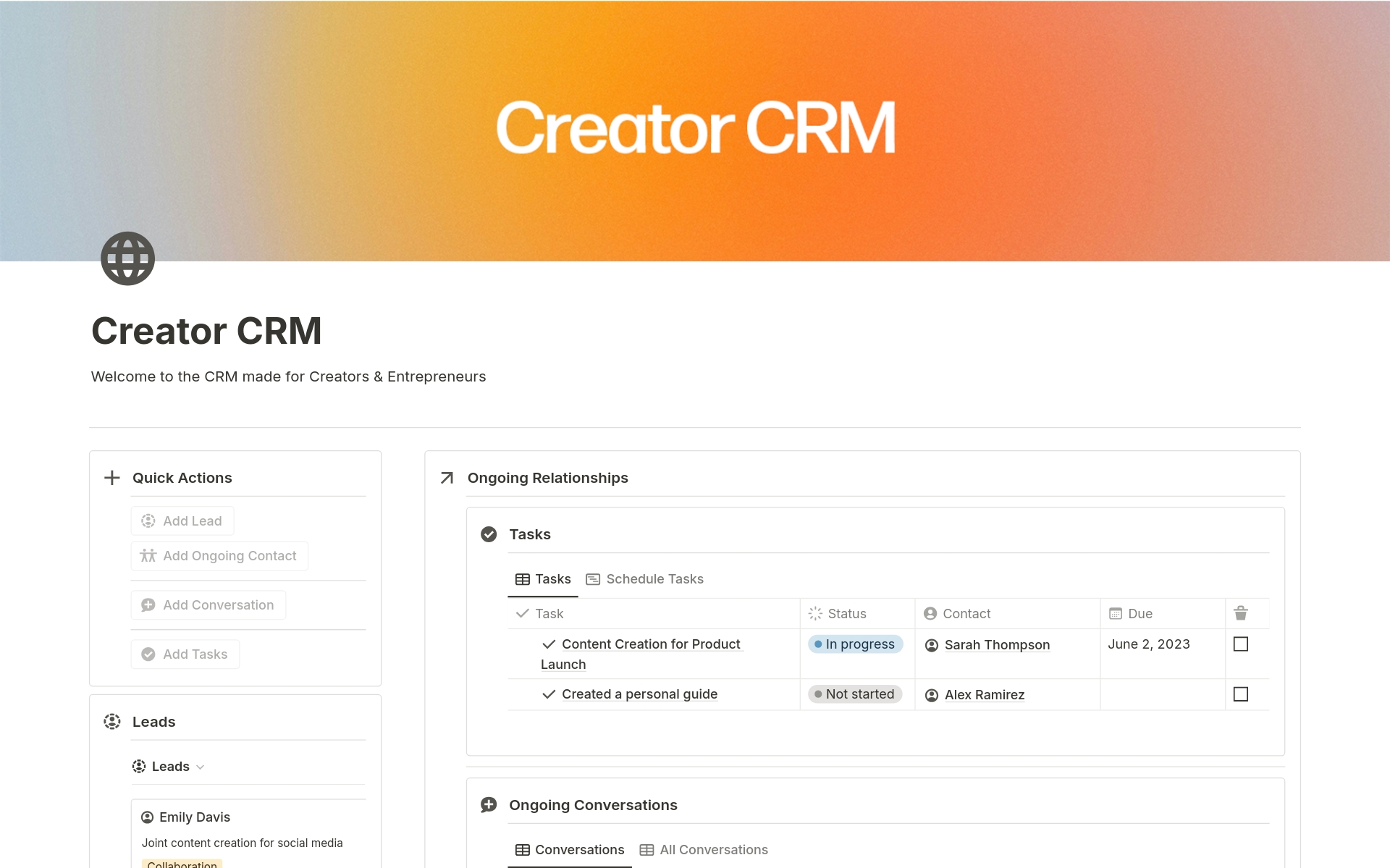 First ever CRM created by creators to help them save time managing relationships and spend more time building them