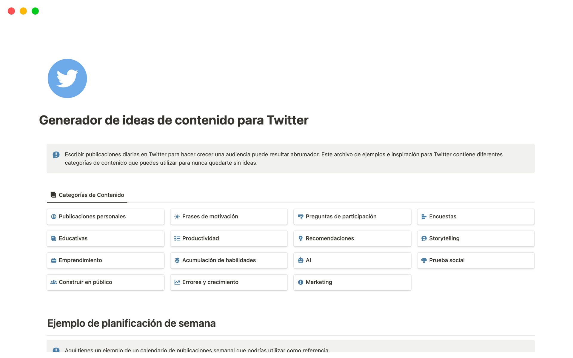 Vista previa de plantilla para Generador de ideas de contenido para Twitter
