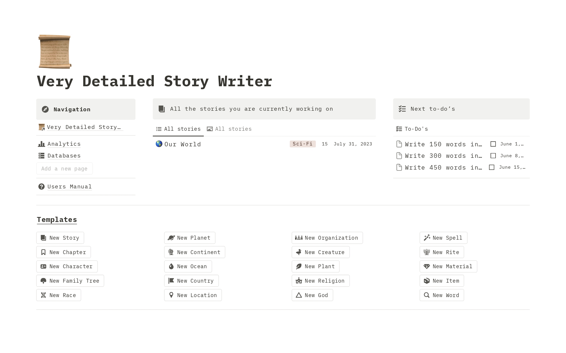 A template preview for Very Detailed Story Writer