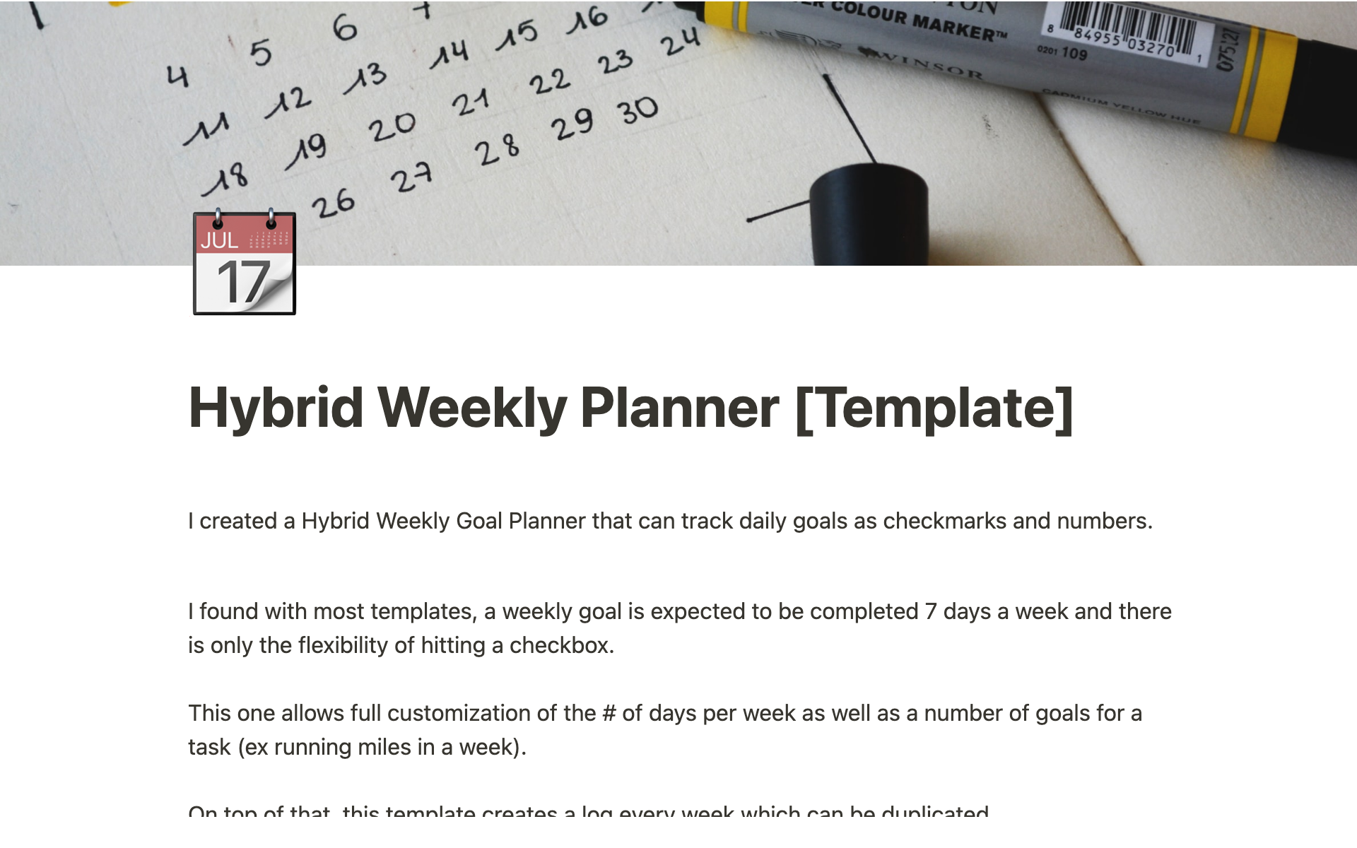 En forhåndsvisning av mal for Hybrid Weekly Habit Planner