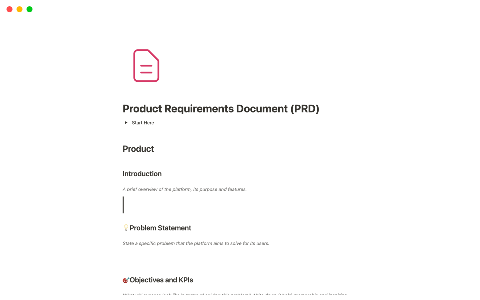 Eine Vorlagenvorschau für Product Requirements Document (PRD)