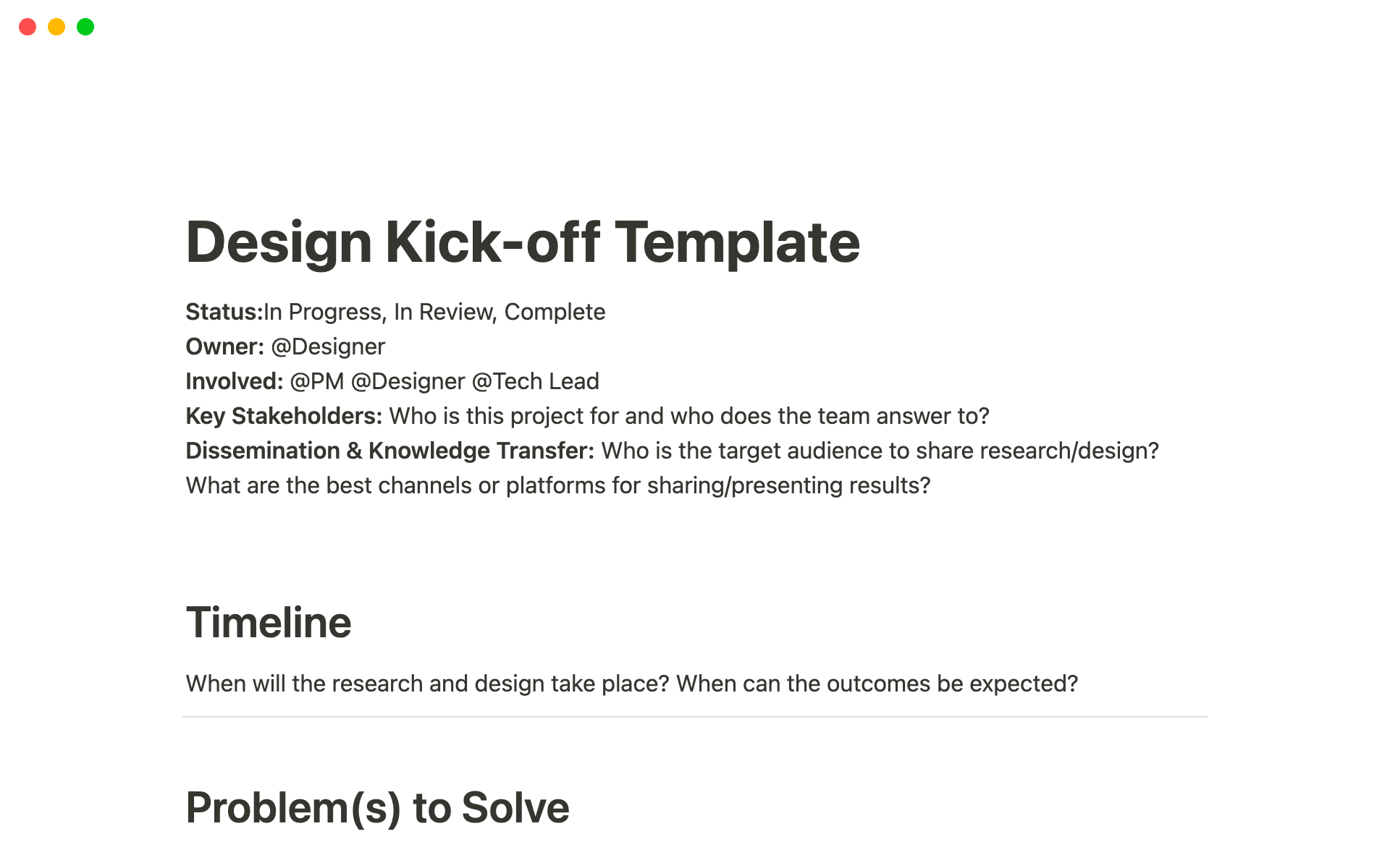 A template preview for Design Kick-off