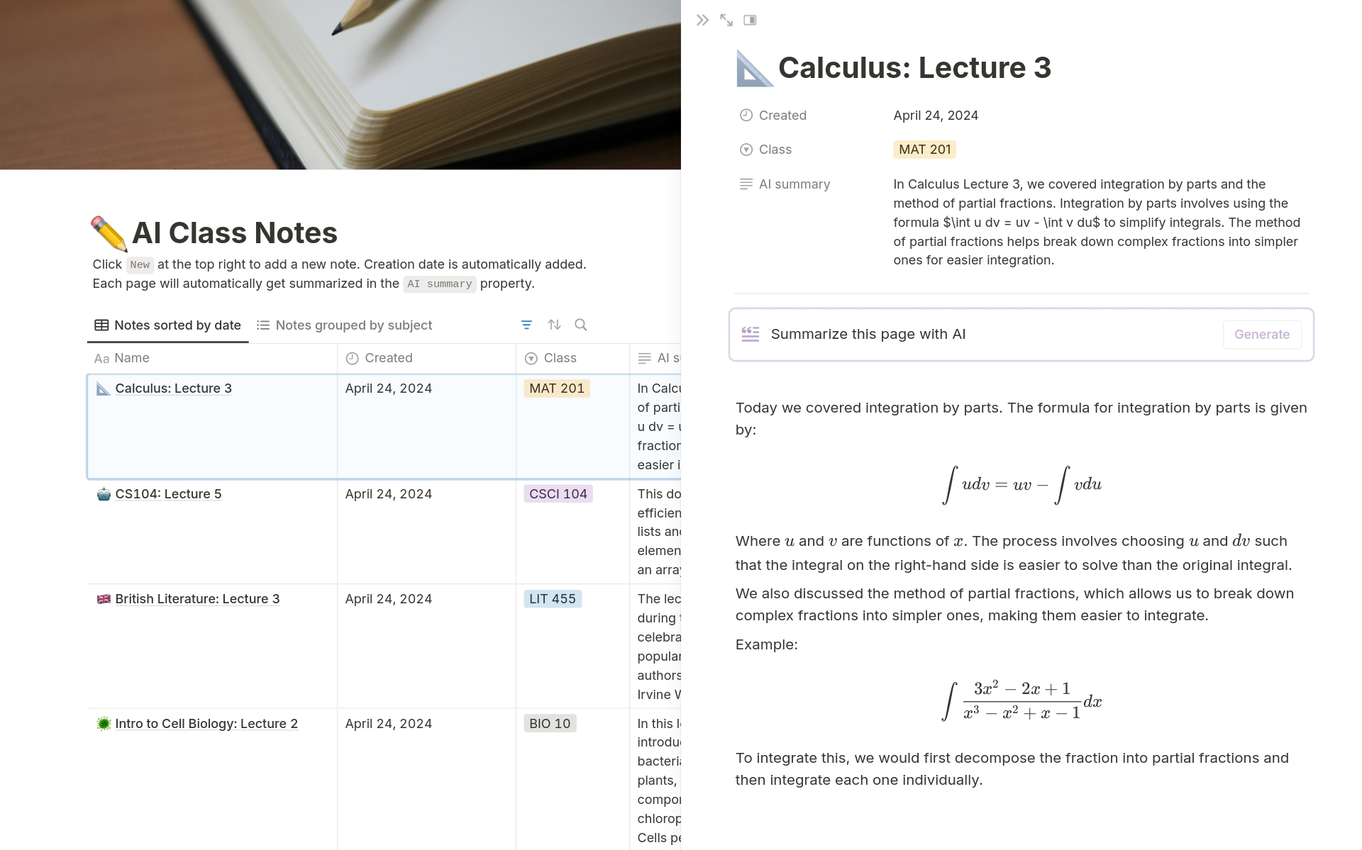 Stay on top of your academic game with the AI Class Notes Template in Notion. Perfect for students at any level, this comprehensive database helps you write, organize, and review your class notes effectively. Utilize the power of AI to generate concise summaries of your lectures,