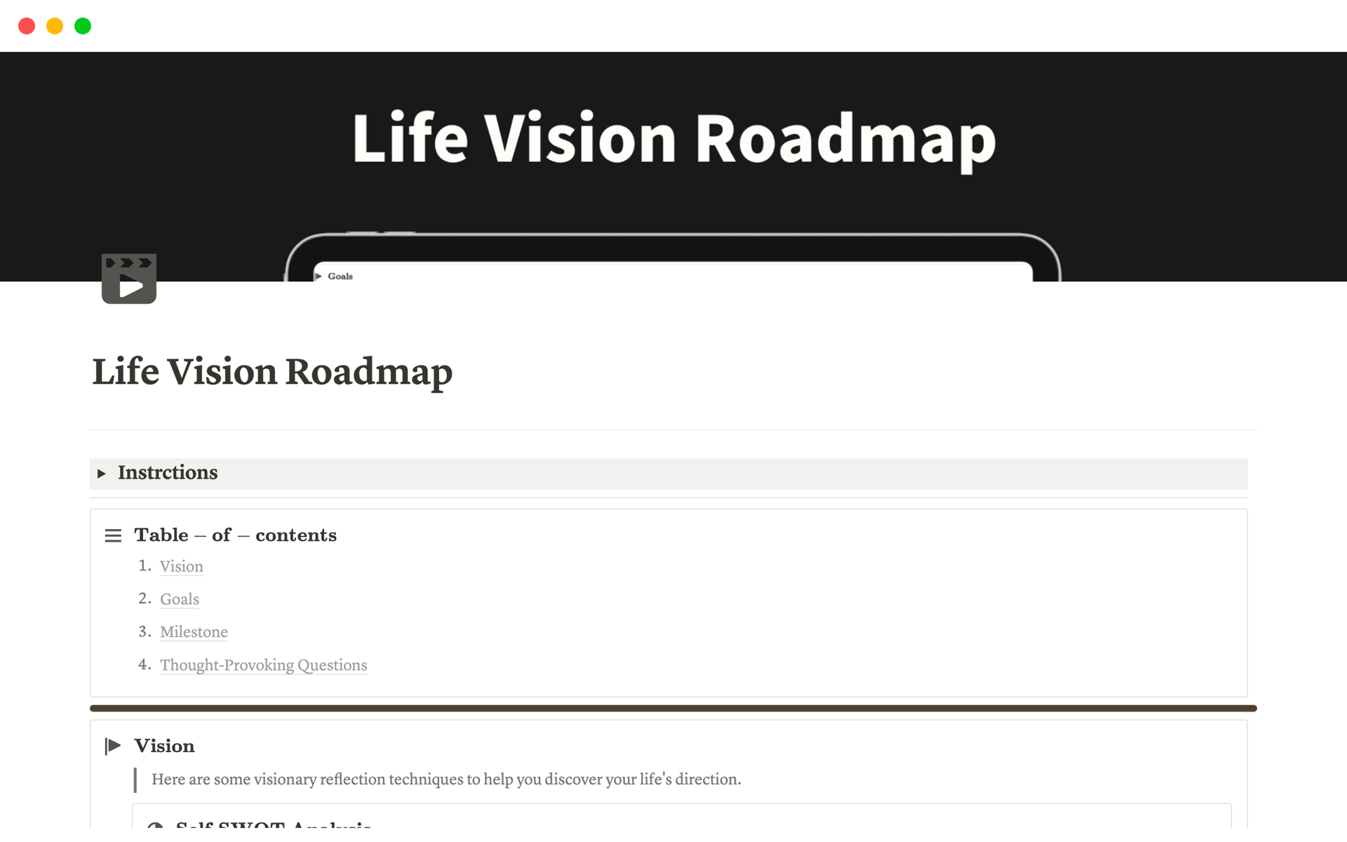 A template preview for Life Vision Roadmap